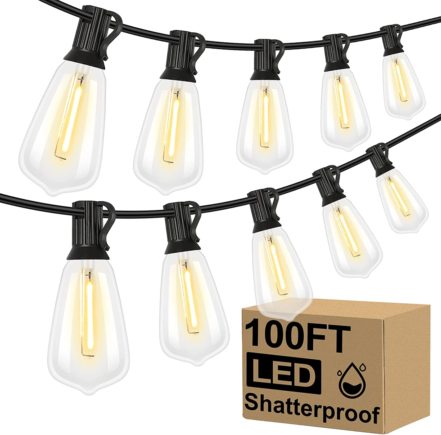 LED Outdoor String Lights 100FT Patio Lights with 52 Shatterproof ST38 Vintage Edison Bulbs, outside Hanging Light Waterproof for Porch, Deck, Garden, Backyard, Balcony, 2700K Dimmable