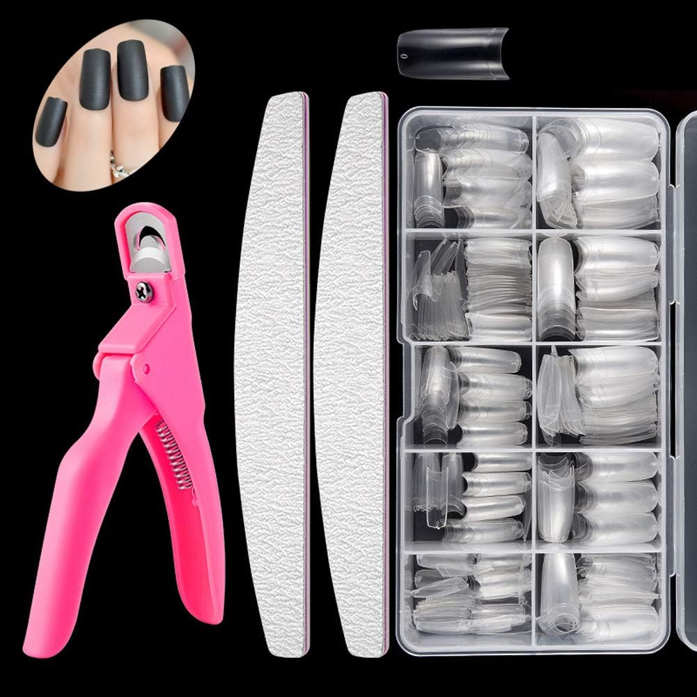 Acrylic Nail Tips Kit, 500Pcs False Clear Nails with Box, 10 Different Size Fake Nails with Clipper Nail Files for Women Girls Nail Art Salon and Home DIY