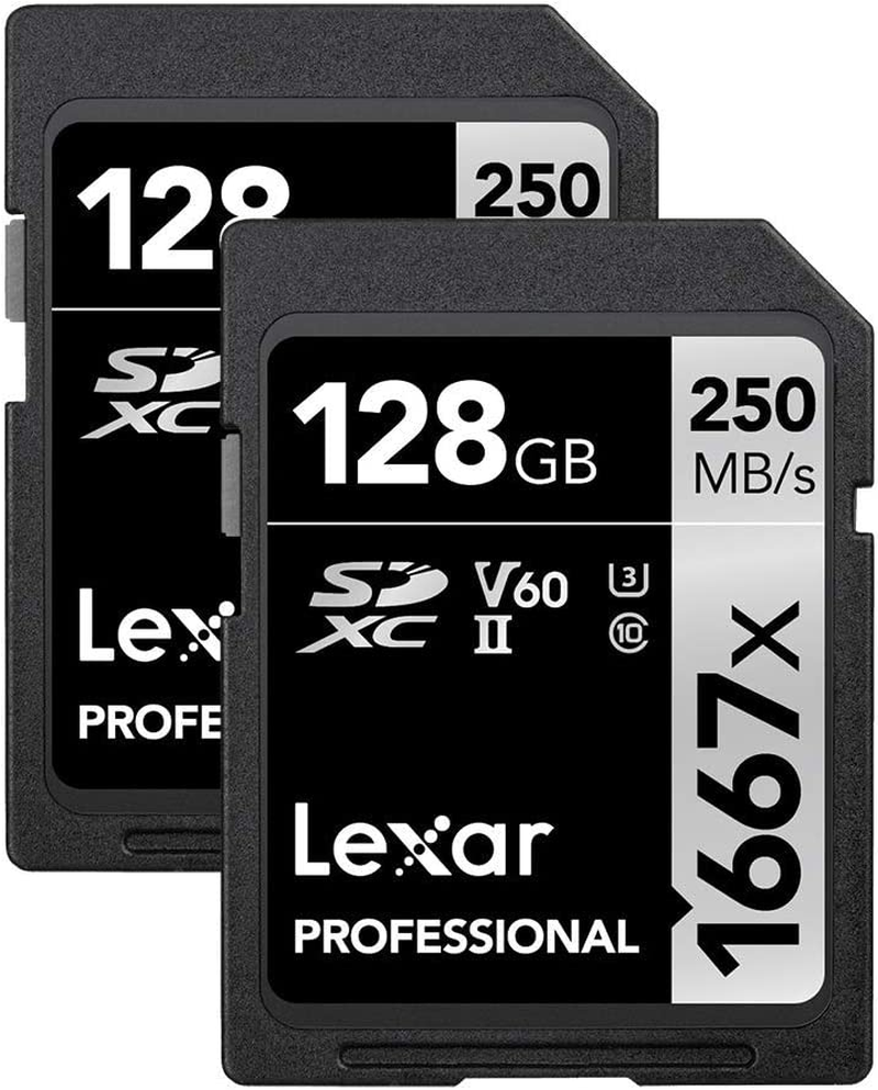 Lexar 128GB (2-Pack) Professional 1667X SD Card, UHS-II, C10, U3, V60, Full HD, 4K, up to 250Mb/S Read SDXC Memory Card, for Professional Photographer, Videographer, Enthusiast (LSD128CBNA16672)