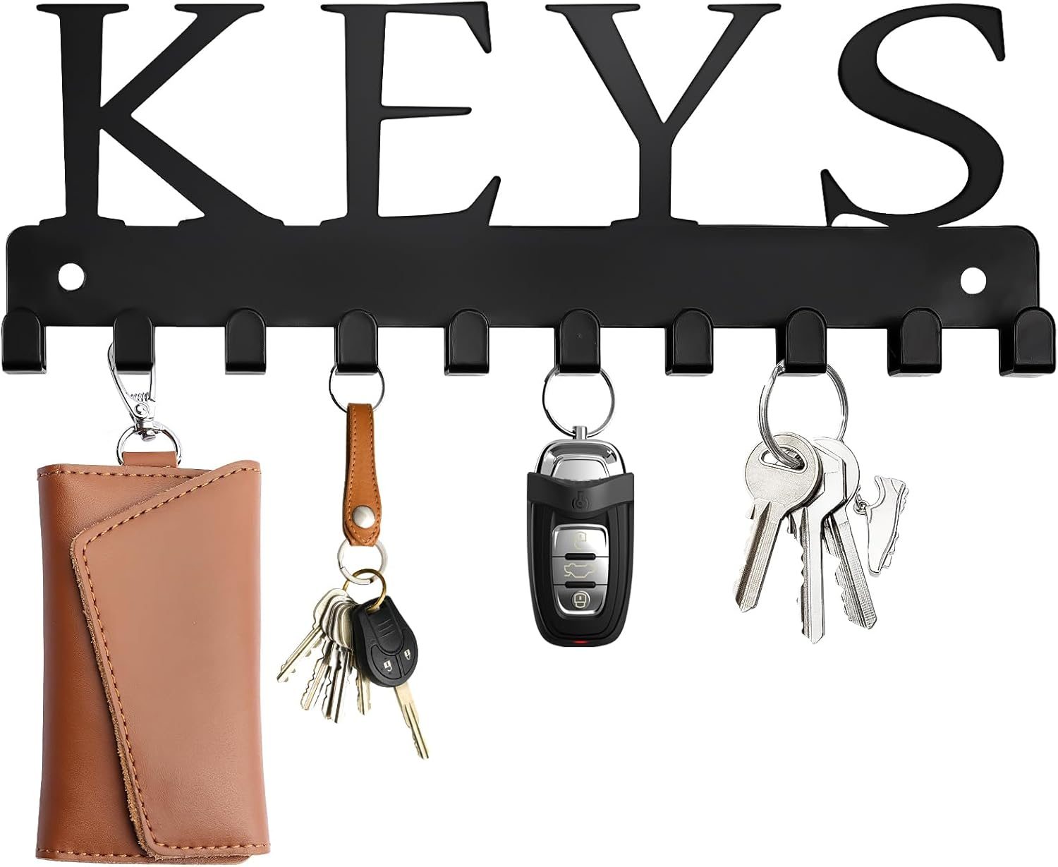 Key Holder Wall Mount, Black Key Hanger Wall Decorative Key Rack Organizer Metal Adhesive Keychain Holder with 10 Key Hooks for Doorway Entryway Hallway Garage 2 Installation Ways