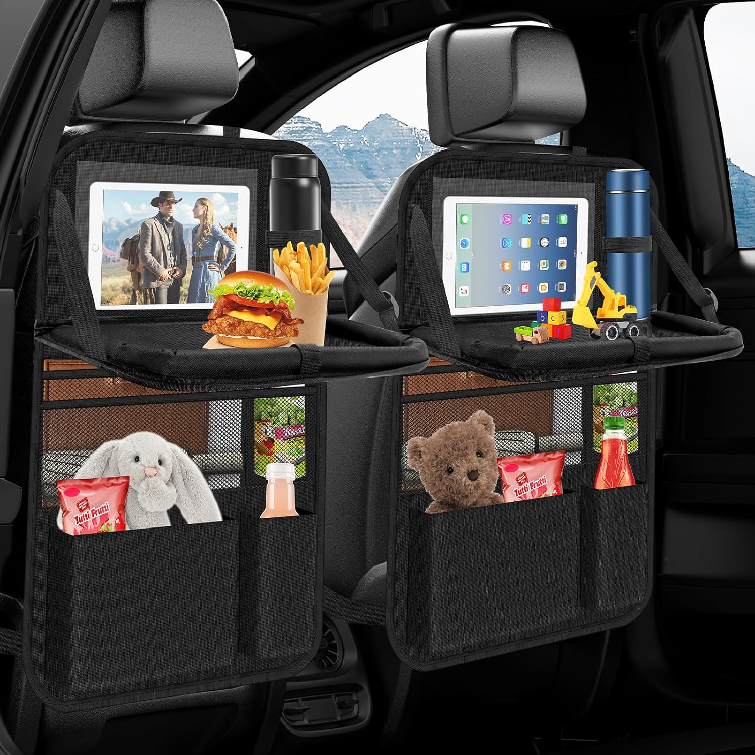 Auto Organizer, 2 Stück Autositz Organizer Große Rückenlehnenschutz Auto Kinder Multifunktional Rücksitz Organizer Mit Klapptisch,Tablet Tasche Und Viele Taschen-Schwarz