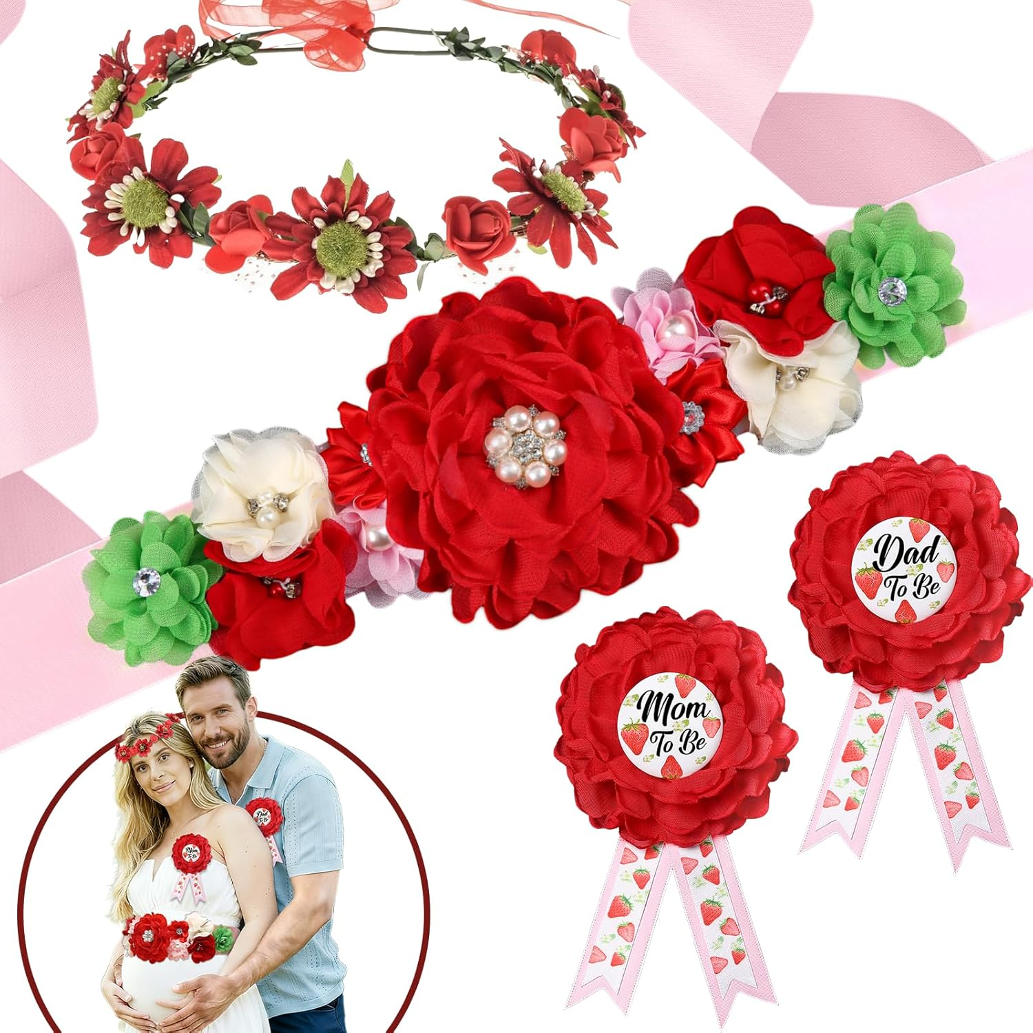 Strawberry Baby Shower Decorations, Maternity Sash Mom to Be Dad to Be Corsage and Crown Set, Mommy to Be Sash Belly Belt Gift for Strawberry Shortcake Baby Shower Decorations