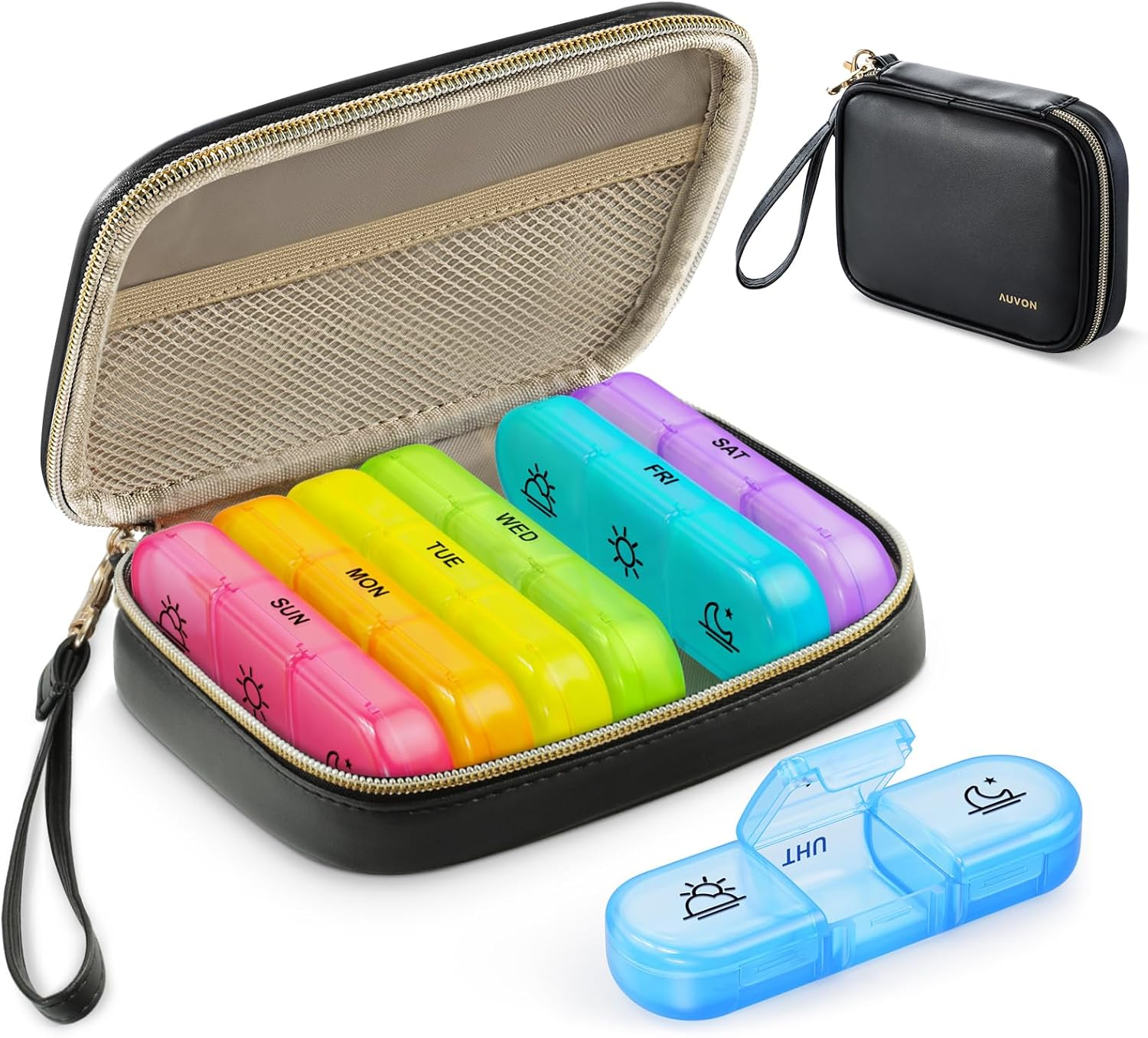 AUVON Weekly Pill Organizer 3 Times a Day, Large Pill Box 7 Day with a PU Leather Bag, Protabel Travel Pill Case Medication Reminder, Daily Pill Box 3 Times a Day for Vitamins, Fish Oils, Supplements