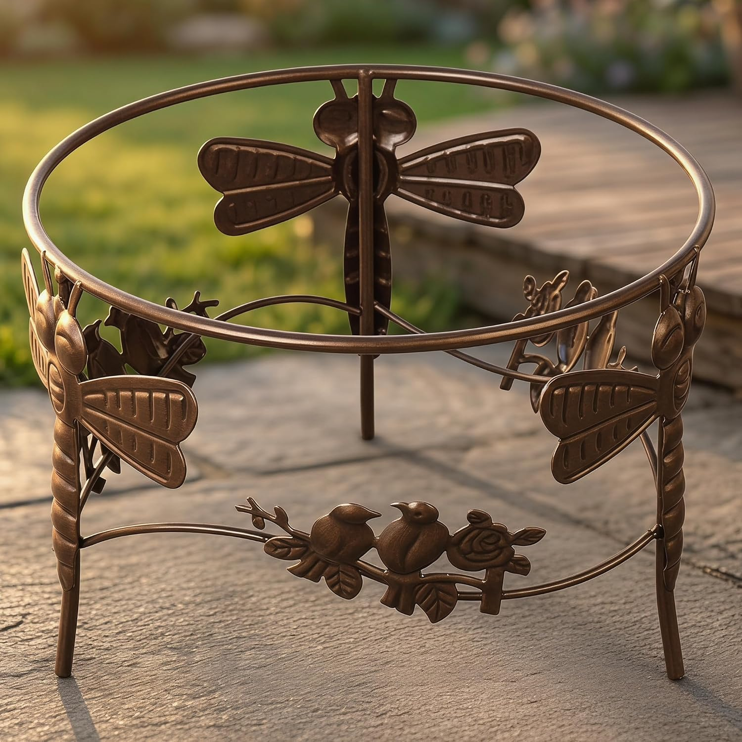 Dragonfly & Bird Gazing Ball Stand, 6" Tall Metal Holder for 10" / 12" Globes, Powder-Coated Steel Garden Decor