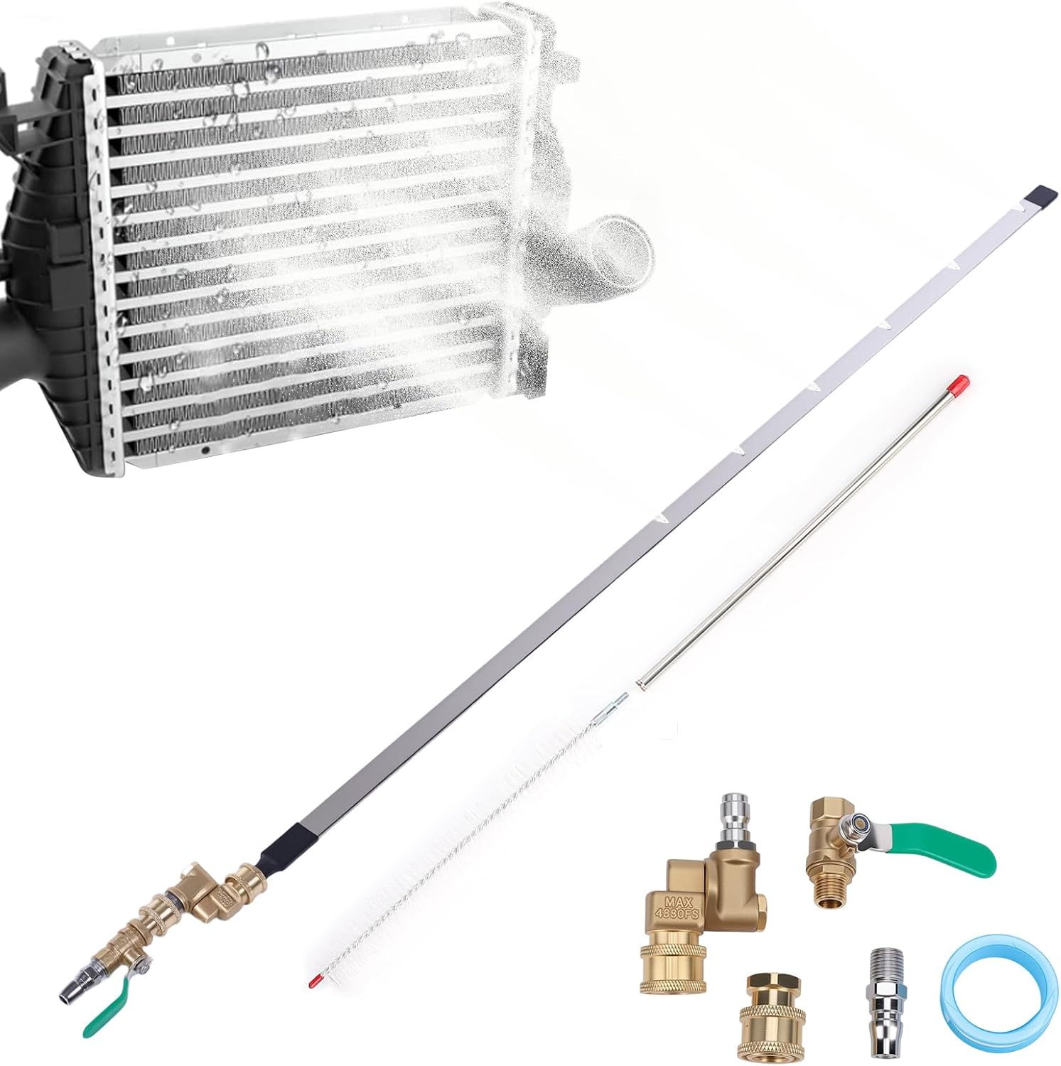 Radiator Cleaning Wand, Radiator Flush Cleaner Tool, 1/4'' Quick Coupler, Cleaning Brush, 100Cm/39In, 4500PSI, Stainless Steel with 6 Fan Shaped Nozzle for Cars Trucks RV Cleaning