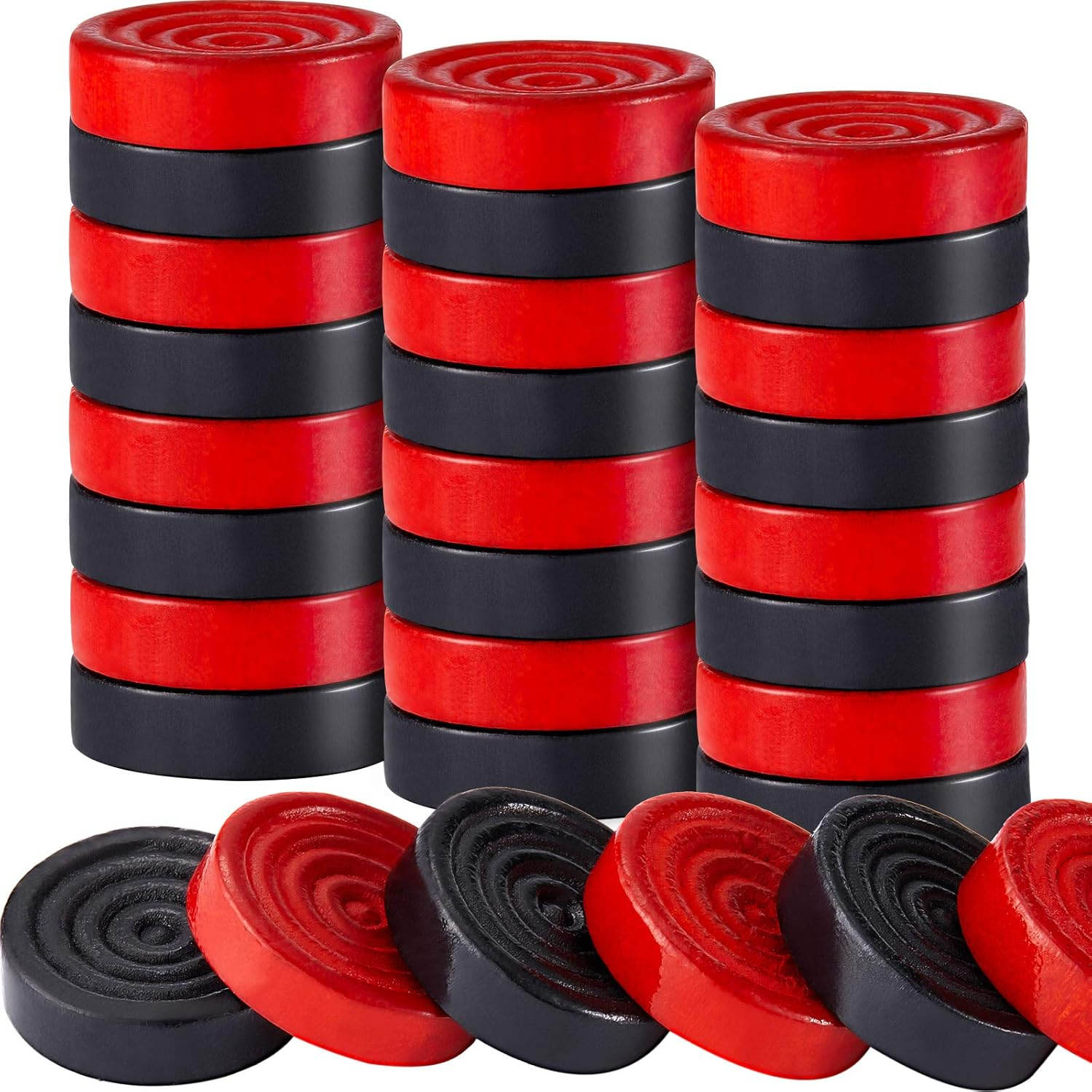 24 Pieces Wooden Checkers Pieces 1.06 Inch Checkers Board Game Pieces Stackable Ridge in Drawstring Storage Pouch, Red and Black