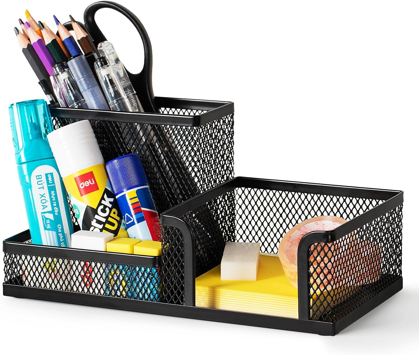 Mesh Desk Organizer Office Supplies Caddy with Pencil Holder and Storage Baskets for Desktop Accessories, 3 Compartments, Black