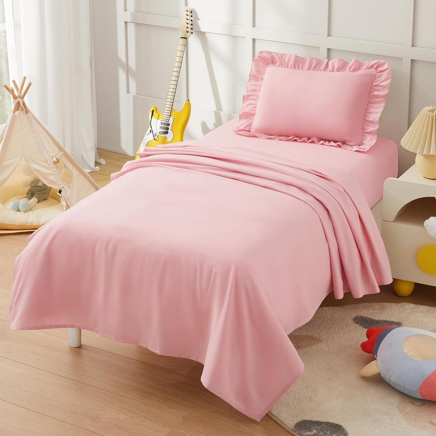 3 Piece Toddler Sheet Set Microfiber, Includes a Flat Sheet, a Fitted Sheet and a Ruffle Pillowcase, Light Pink