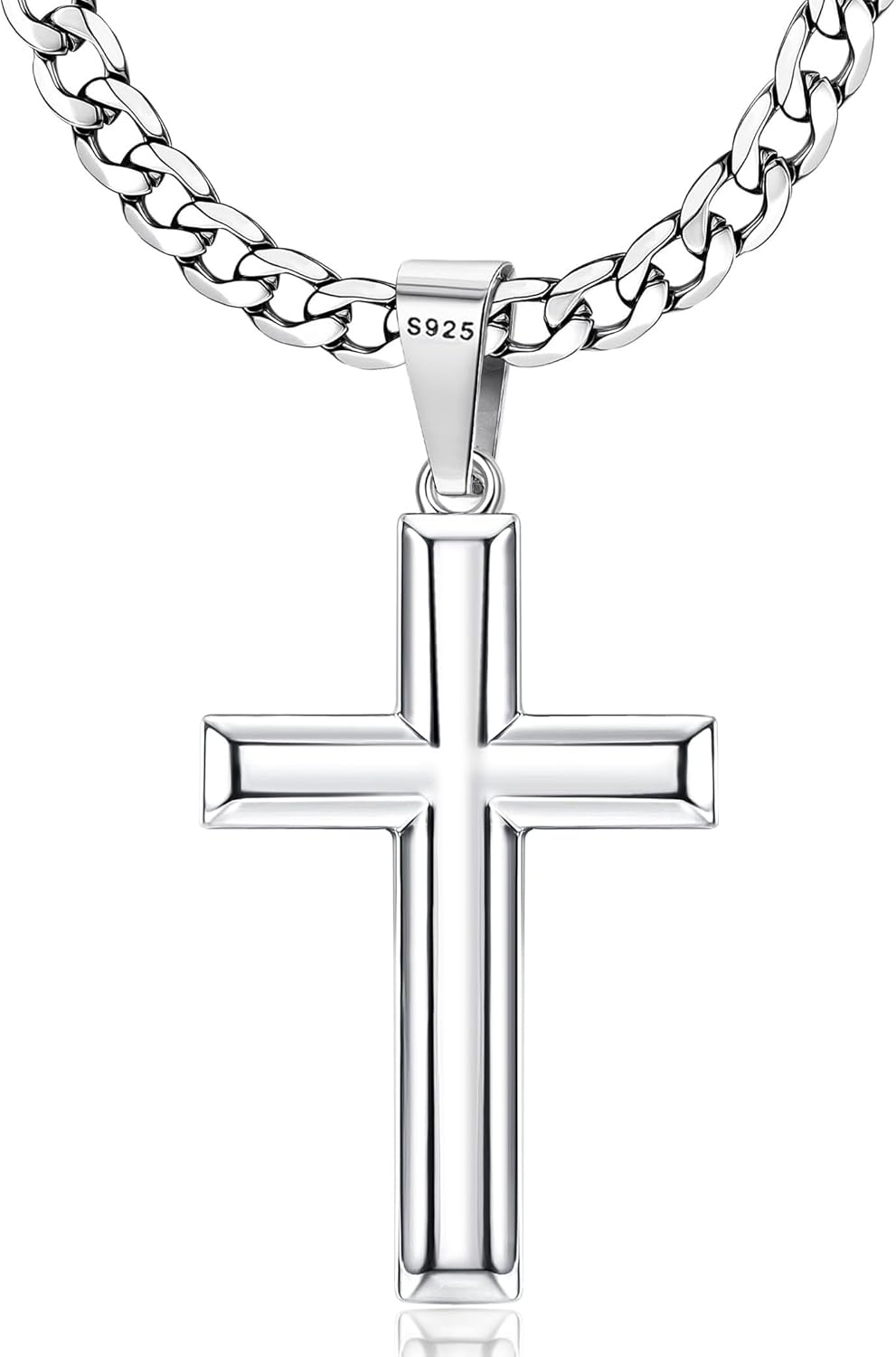 925 Sterling Silver Cross Necklace for Men Women - 5Mm Durable 316L Stainless Steel Cuban Link Curb Chain with Beveled Edge Cross Pendant, Silver Crucifix Necklaces Jewelry, 18-30'' Christian Baptism Gift