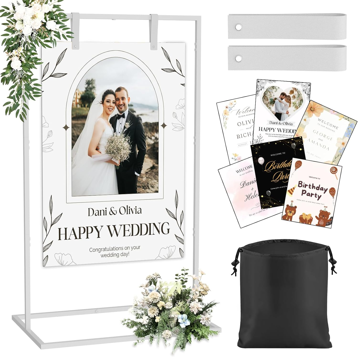 Adjustable Wedding Welcome Sign Stand with Custom Design & Leather Straps