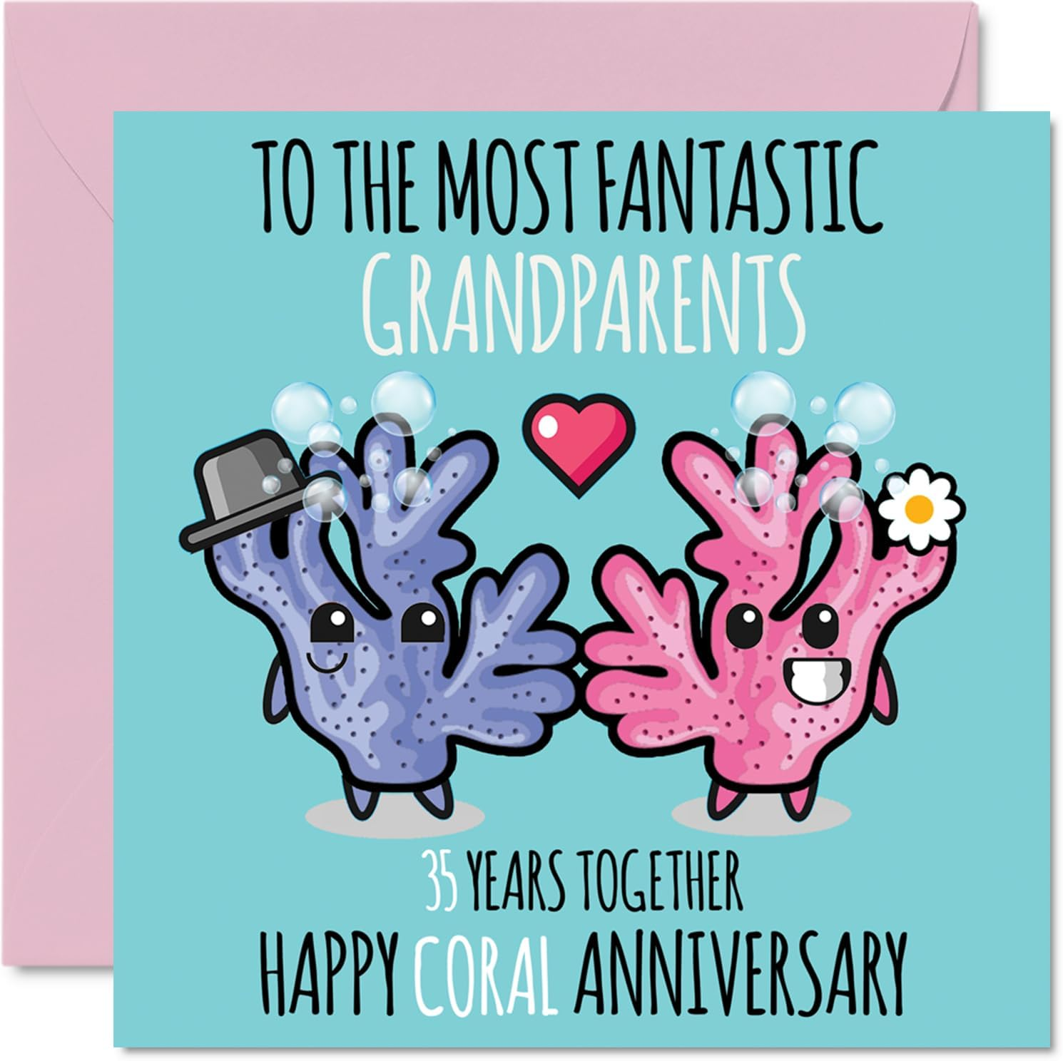 Cute Coral Anniversary Card for Grandparents - 35 Years Together - Happy 35Th Wedding Anniversary Cards for Grandpa Grandma Nanny, 5.7 X 5.7 Inch Greeting Cards for Thirty-Fifth Anniversaries