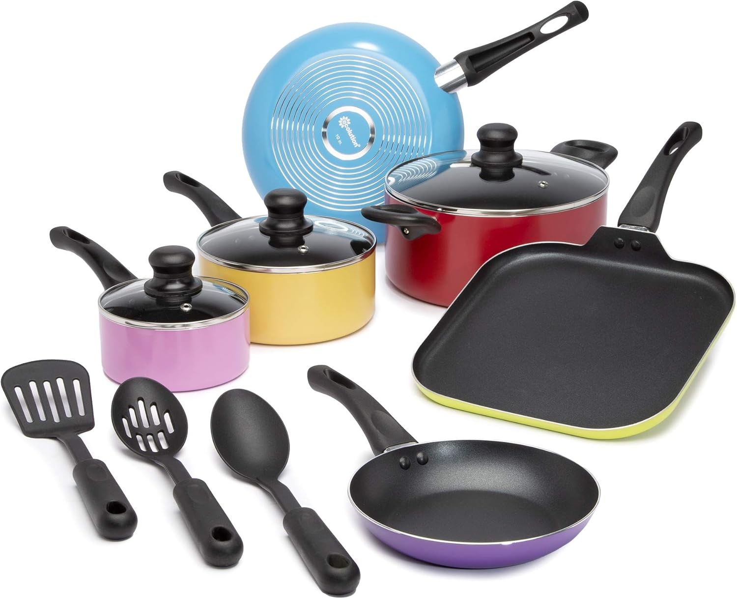 Easy Clean Nonstick Cookware Set, Dishwasher Safe Kitchen Pots and Pans Set, Comfort Grip Handle, Even Heating, Ultimate Food Release, 12-Piece, Multicolor