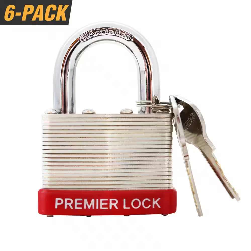 2 In. Nickel Plated Laminated Steel Keyed Padlock with Vinyl Bumper and 12 Keys Total, (6-Pack, Keyed Alike)