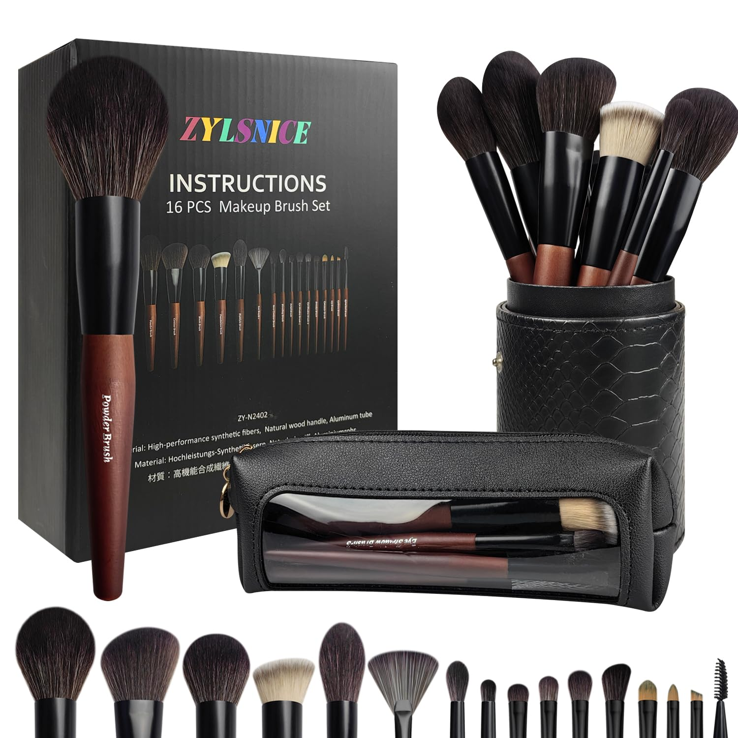 Makeup Brushes 16 Pcs Makeup Brush Set Professional, Wood Handle Travel Make up Brushes Set with Case, Premium Cruelty-Free Synthetic Fiber Hair Makeup Brush Kit with Holder