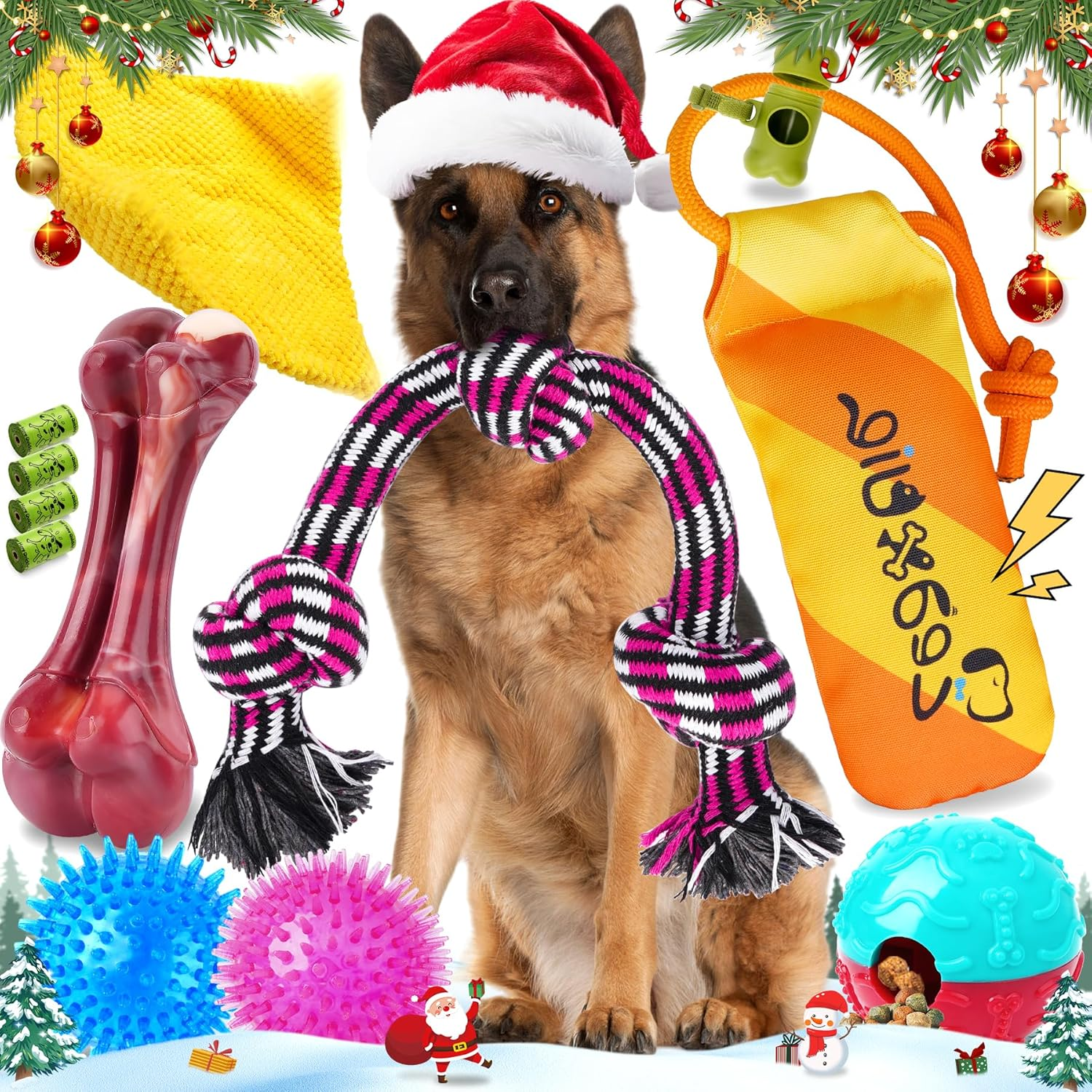 12 Pack Long-Lasting Heavy Various Dog Chew Toys Pack for Aggressive Chewers - Includes Large Rope Toy, Squeaky Toys & Indestructible Chew Bone for Medium, Large & X-Large Breeds Dogs