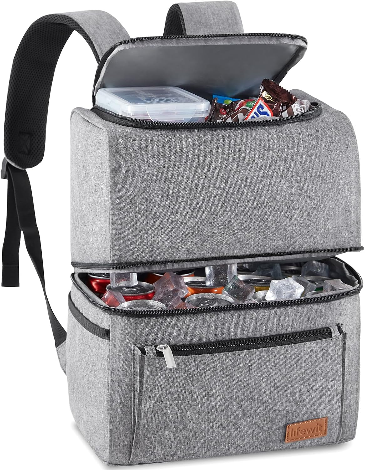 18L 34-Can Insulated Cooler Bag Backpack, Double Decker Lunch Bag Soft-Sided Cooling Bag Beach/Picnic/Camping/Bbq, Grey