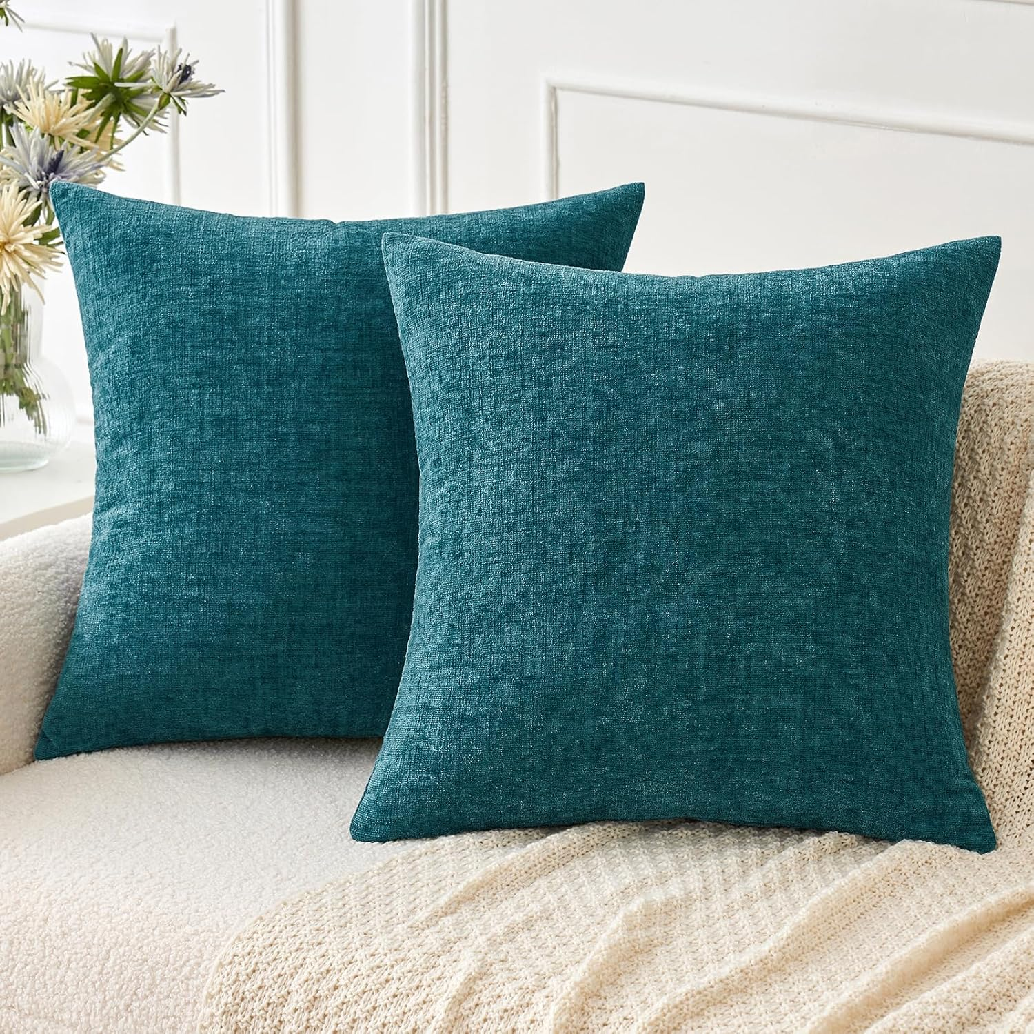 Pack of 2 Dark Teal Throw Pillow Covers 18x18 Inch Soft Chenille Pillow Covers for Sofa Living Room Couch Solid Dyed Cases