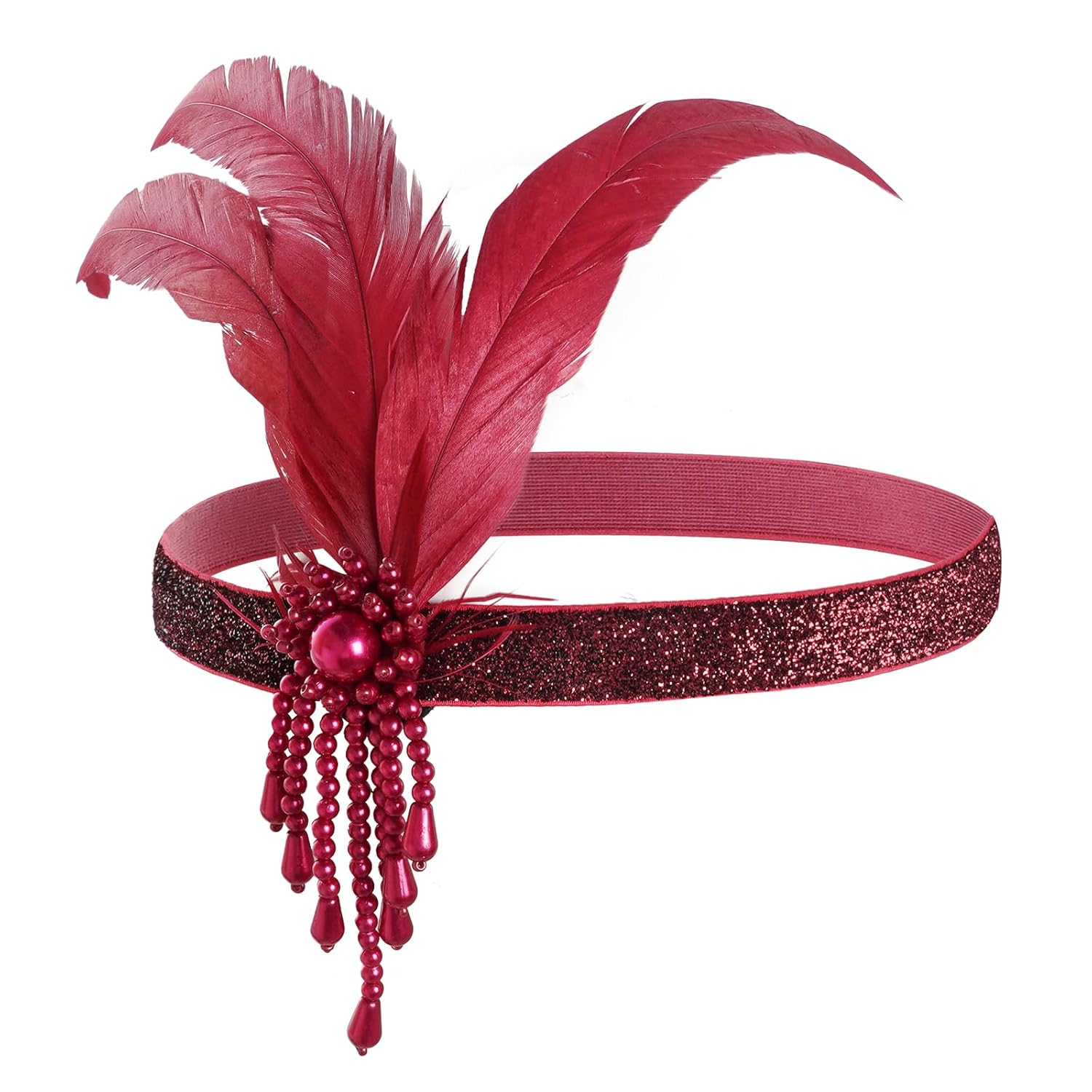 1 Pcs 1920s Flapper Headpiece Red Feather Headband Roaring 20s Gatsby Hair Accessories (Red)