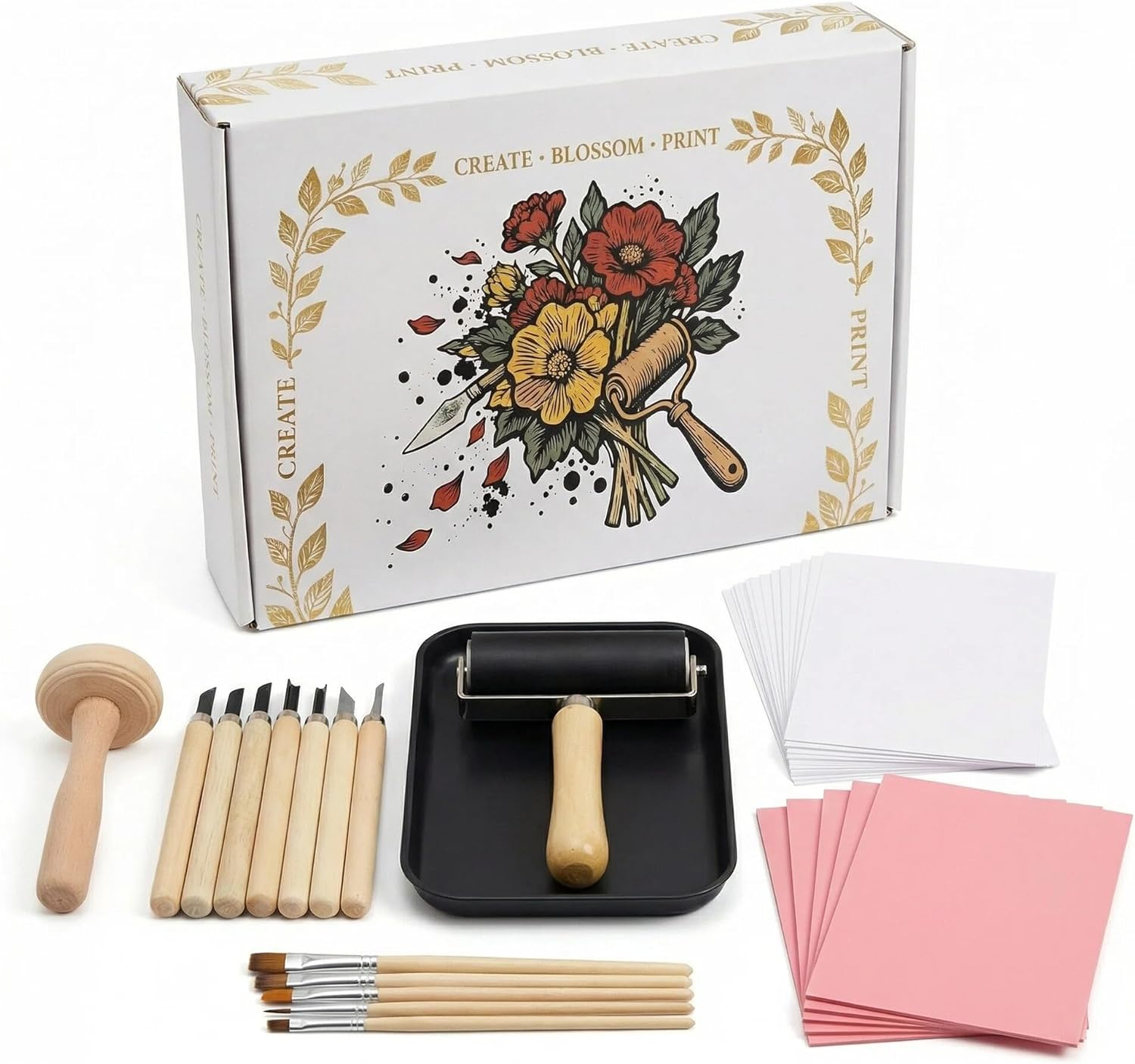 Linocut Kit for Beginners &  – Complete Block Printing Supplies with Carving Tools, Brayer, 5 Pack 4×6 Inch Linoleum Blocks for DIY Stamp Making, Home Art Projects, Classroom Crafts.