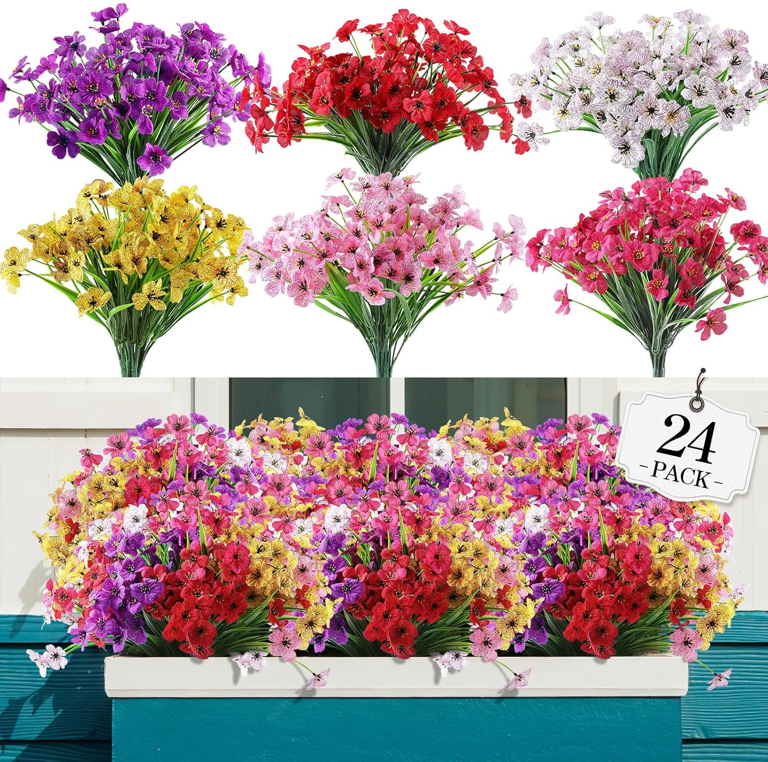 24 Bundles Artificial Flowers for Outdoor,No Fade Fake Plastic Flowers Faux  for Decoration Hanging Planters Indoor outside Garden Porch Window Box Home Wedding Farmhouse