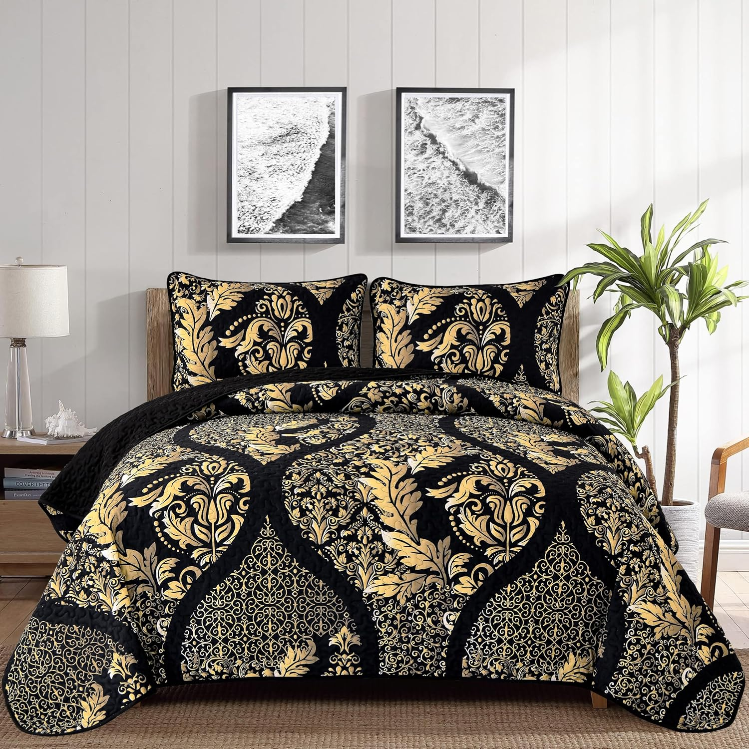 Black Quilt Set King Size, Boho Gold Damask Bedspread Coverlet Set Soft Lightweight Microfiber Bedding Set 3 Pieces for All Season (104