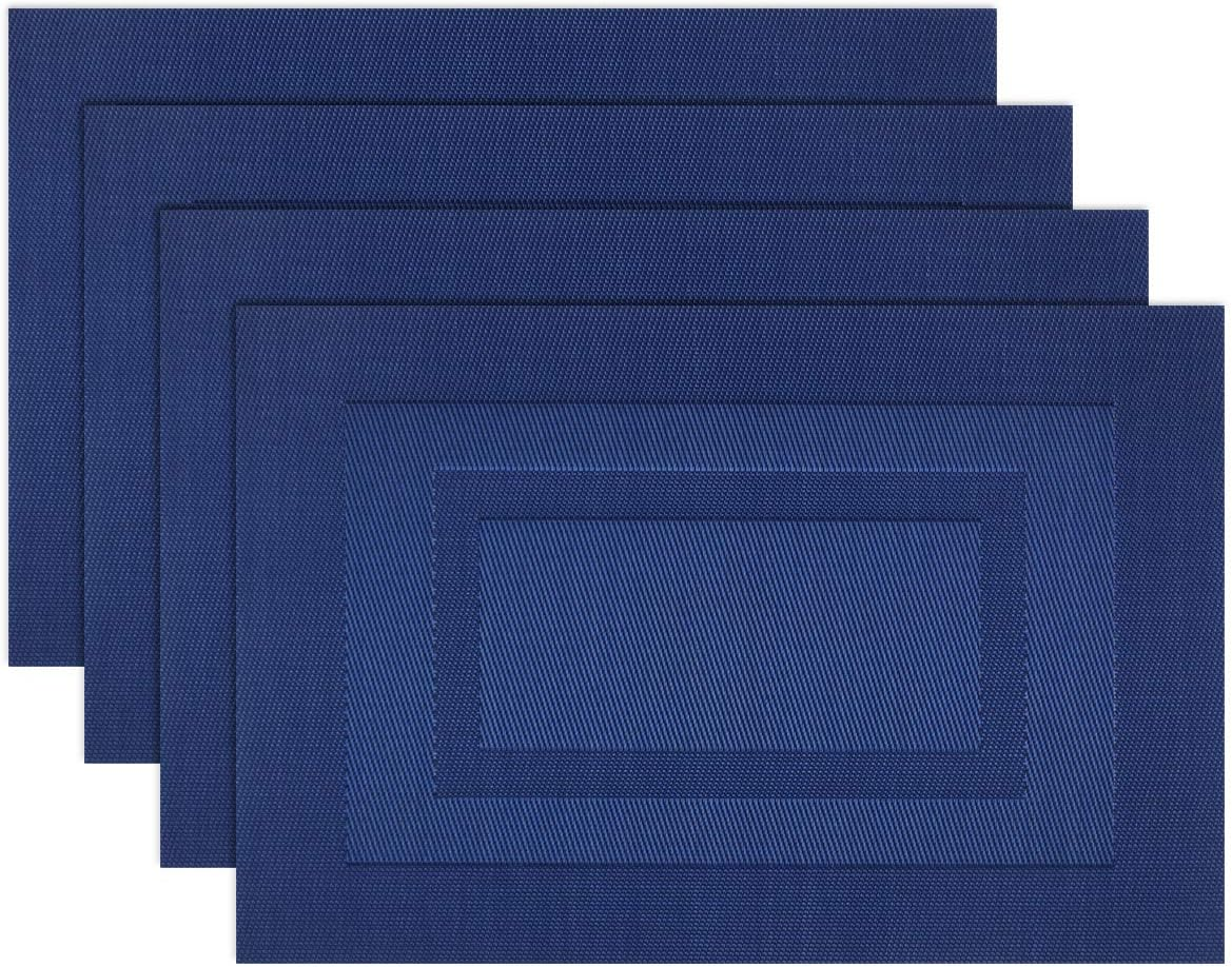 Set of 4 Placemats Washable Vinyl Woven Table Mats (18X12 inch Navy Blue)