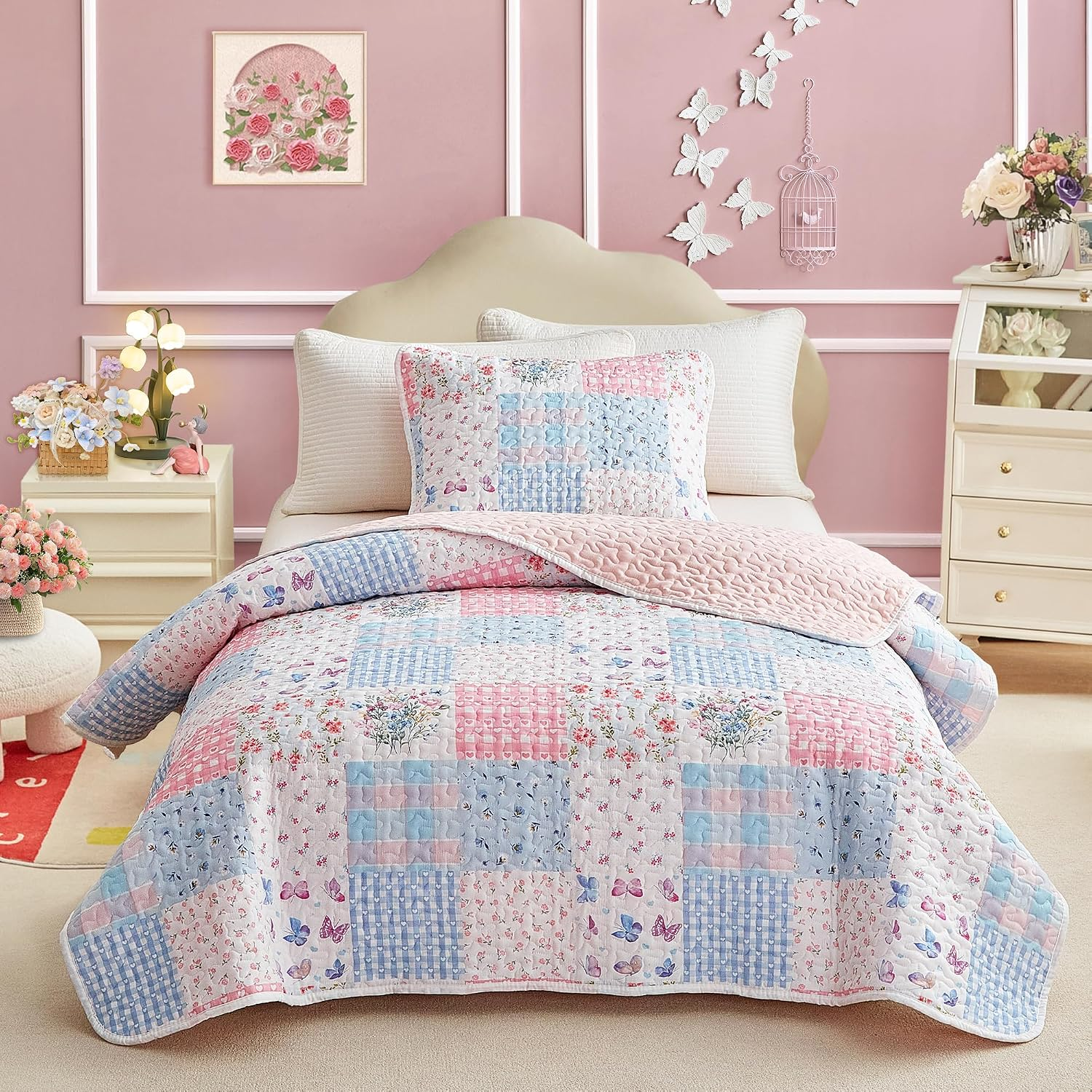 Queen Size Quilt Set for Girls, Pink N Blue Floral Patchwork Design, 3 Pieces Soft N Cozy Microfiber Quilt, Bedspread Bed Cover for All Season- 90X90 Inches