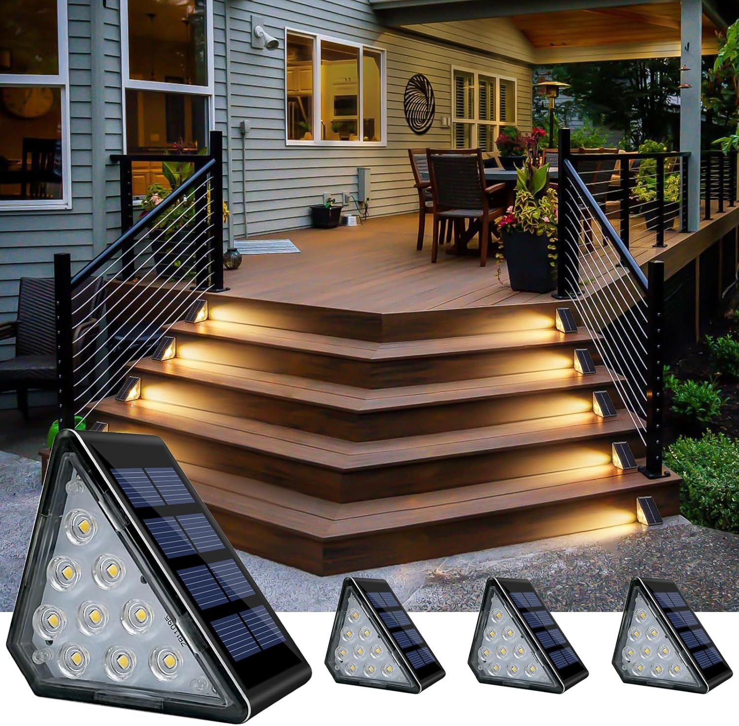 Solar Step Lights, Stair Fence Triangle Lights IP67 Outdoor Waterproof LED Deck Light for Garden Yard Patio, Porch, Front Door, Outside, Pathway, Warm White 4 Pack