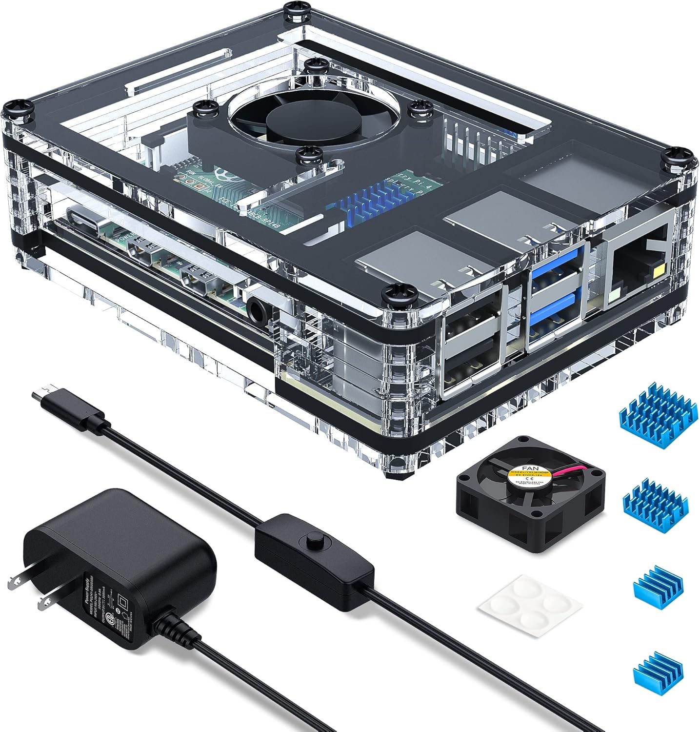 Raspberry Pi 4 Case with Fan Cooling Pi 4B Case with 5V 3A Power Supply, 4 Pcs Aluminum Heatsinks Support Pi 4 Model B 8Gb/4Gb (No Raspberry Pi Board)