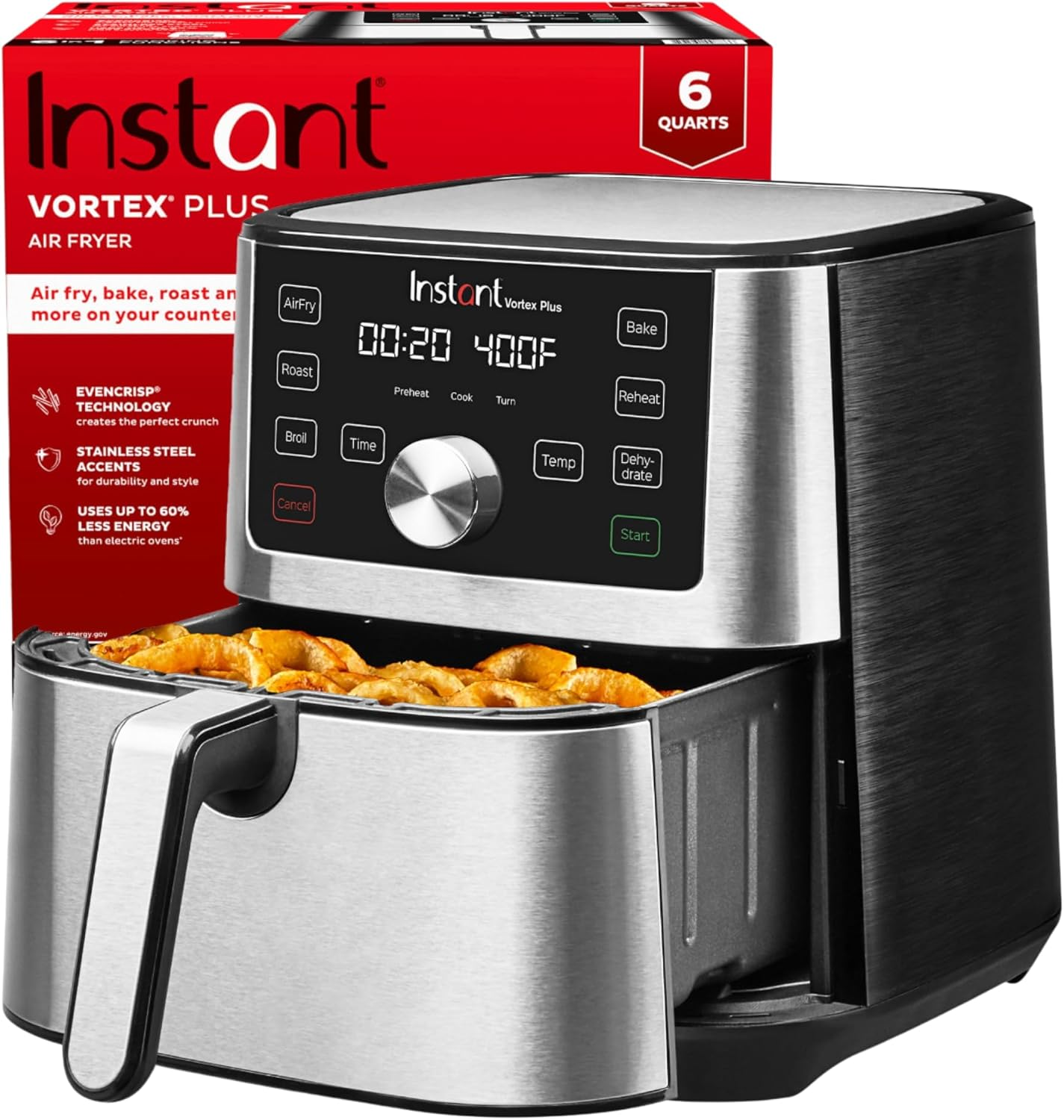 Vortex plus 6QT XL Air Fryer, 6-In-1, Broils, Dehydrates, Crisps, Roasts, Reheats, Bakes for Quick Easy Meals, 100+ In-App Recipes, Dishwasher-Safe, from the Makers of , Black