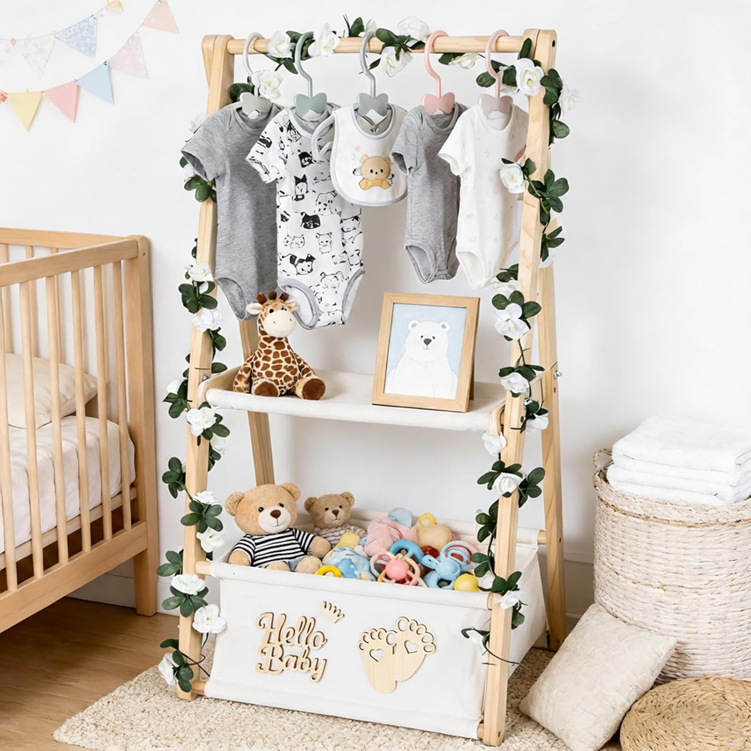 Wooden Baby Shower Crate Closet, Double-Layered Baby Basket with Hangers, Foldable Nursery Storage Crate for Baby Shower, Newborn Clothing Display Rack & Gift Organizer