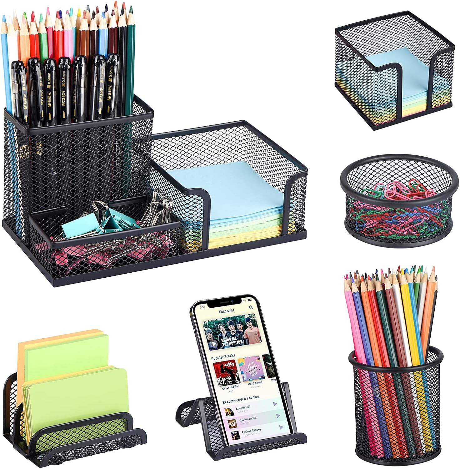 Desk Organizers set with Mesh Pen Holder Cup, 3 Compartments Black Office Supply Organizer Paper Clips Holder for Office Desk Accessories (6 Piece set, Black)