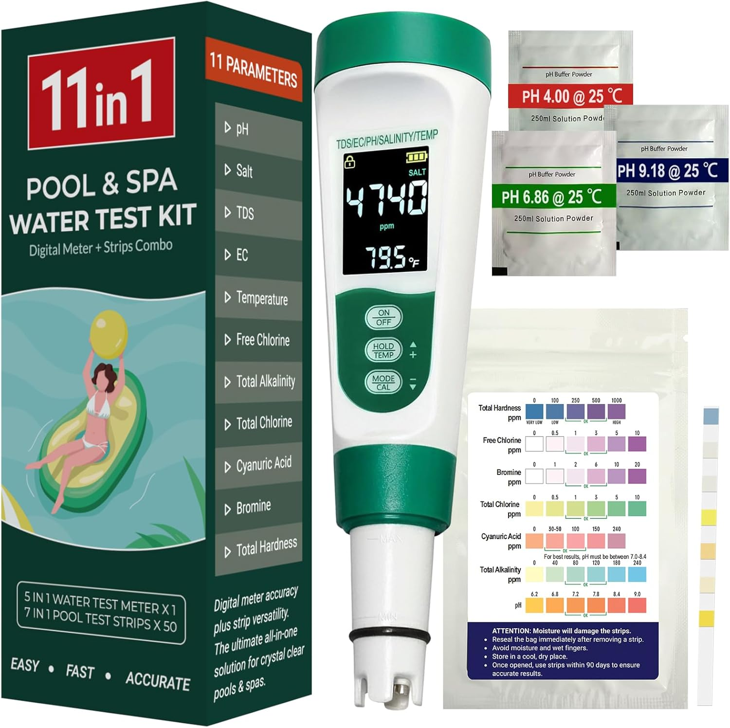 11-In-1 Digital Pool Water Tester Kit Including 5-In-1 Salt Tester for Saltwater Pool & 7-In-1 Pool Test Strips(50 Strips), Test Ph Salinity TDS EC Temp Chlorine Bromine Alkalinity Hardness