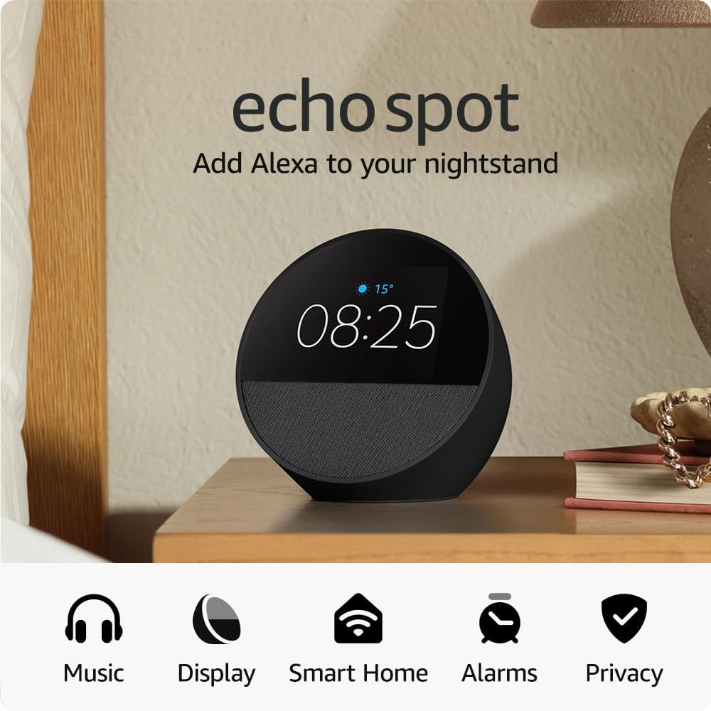 Echo Spot (Newest Gen), Smart Alarm Clock with Vibrant Sound + Alexa, Black