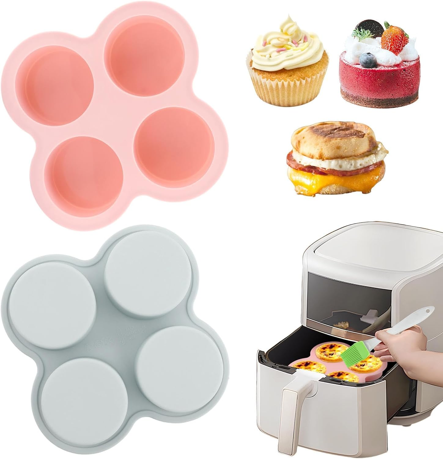 Reusable Silicone Air Fryer Egg Mold, 2 Pcs 4 Cavity Non-Stick Air Fryer Baking Pan with Oil Brush, Silicone Muffin Pans Muffin Cups for Baking, Hamburger Bun Pan(Pink,Blue)
