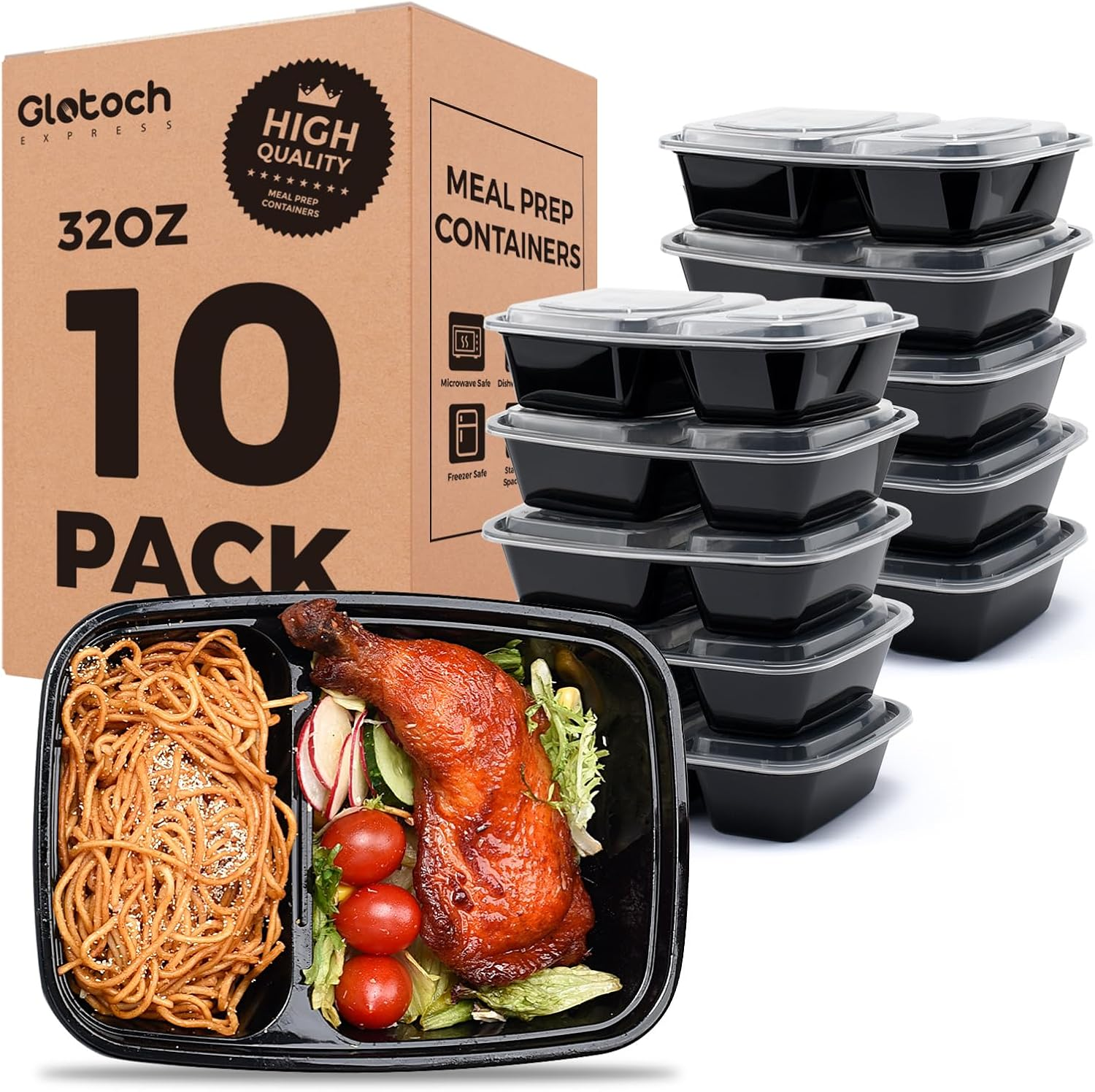 Glotoch 10 Pack 32OZ Meal Prep Containers Reusable Microwave Safe,Extra Large &Thick Food Storage Containers with Lids, Durable Bento Boxes Bpa-Free, Stackable, Dishwasher/Freezer Safe