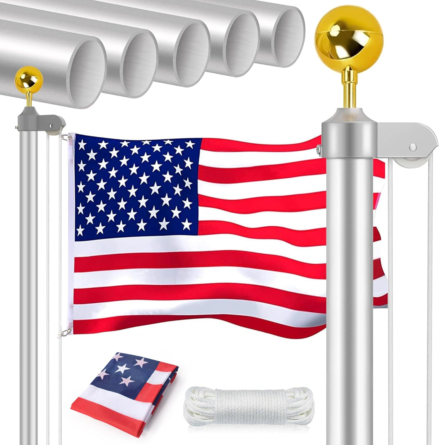 14 Gauge Sectional Flag Pole Kit, 25 FT Extra Thick Flag Poles for outside House, Heavy Duty Aluminum Outdoor in Ground Flagpoles with 3X5 American Flag for Residential or Commercial, Silver