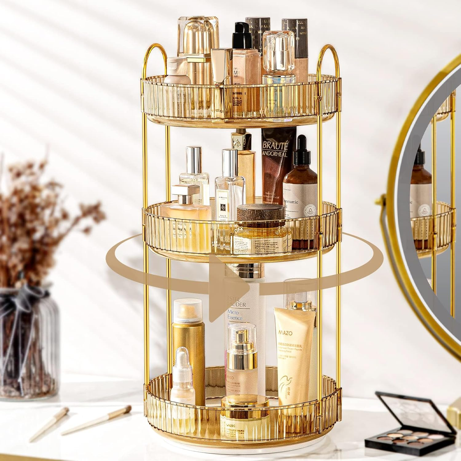 360 Rotating Makeup Organizer for Vanity, Bathroom Countertop Spinning Perfume Organizer, High-Capacity Cosmetic and Skincare Dresser Make up Holder Rack (3 Tiers, Yellow)