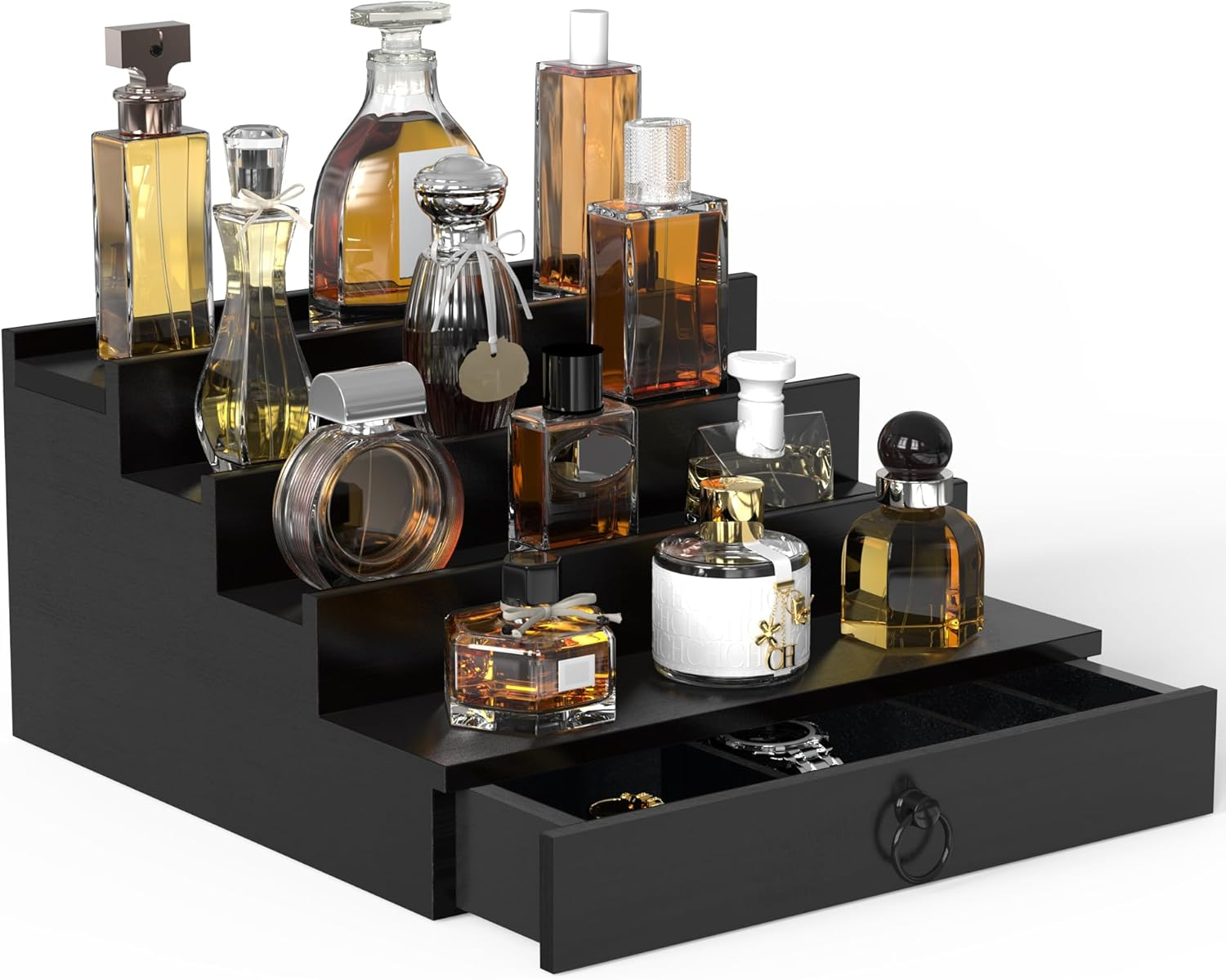 Cologne Organizer for Men, 4 Tier Black Wood Perfume Organizer with Felt Lining Drawer and Hidden Compartment, Perfume Display Holder, a Gift for Men
