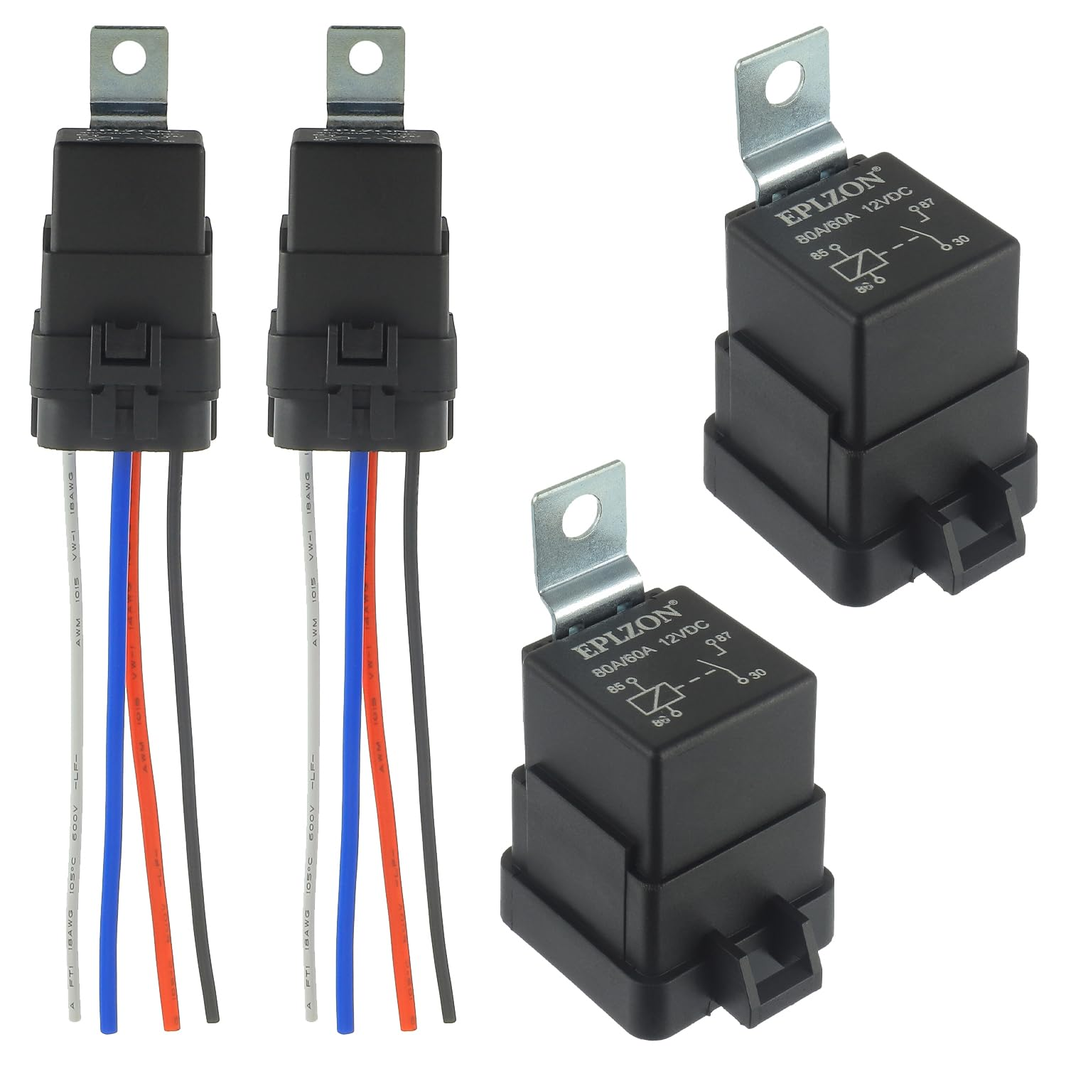 4 PIN 80/60 AMP 12V DC SPST Waterproof Relay Heavy Duty 14 AWG Tinned Copper Wires with Harness Kit for Boats Auto Fan Cars(Pack of 2Pcs)