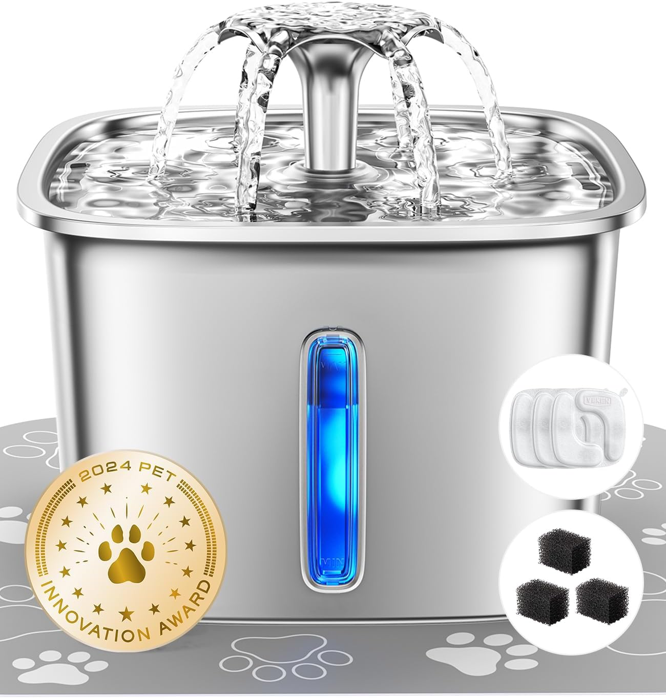 Veken Innovation Award Winner Stainless Steel Cat Water Fountain, 95Oz/2.8L Automatic Pet Fountain with 3 Replacement Filters & 3 Pre-Filter Sponges & Silicone Mat for Cats, Dogs (Silver)