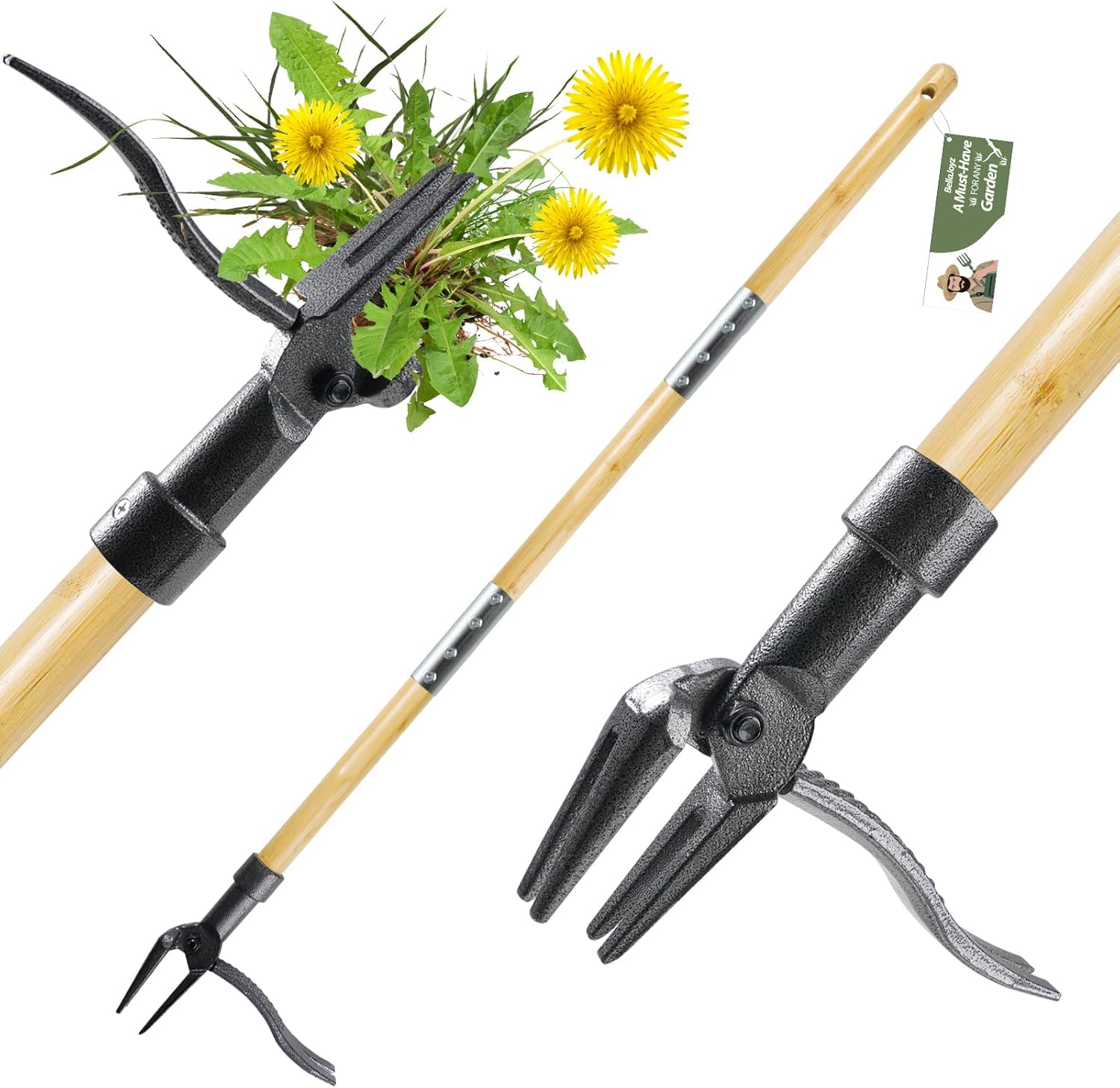 Heavy-Duty Stand-Up Weed Puller Tool with Long Handle and Steel Claw Head