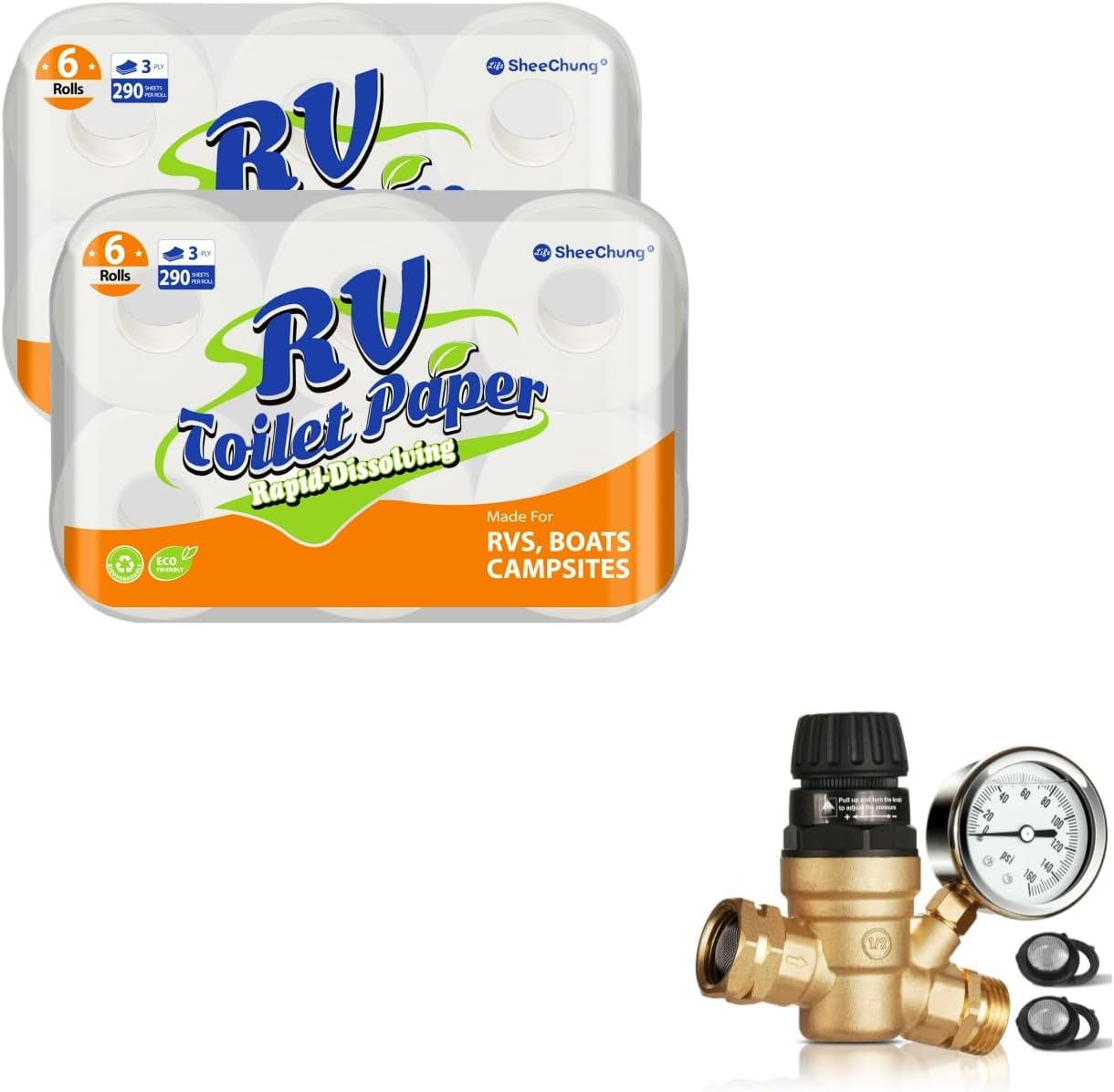 RV Toilet Paper - 12 Rolls, Rapid Dissolve, Septic Safe, Travel Toilet Tissue for Rvs, Boats, Camper and RV Water Pressure Regulator, Brass Lead-Free Adjustable Water Pressure Reducer