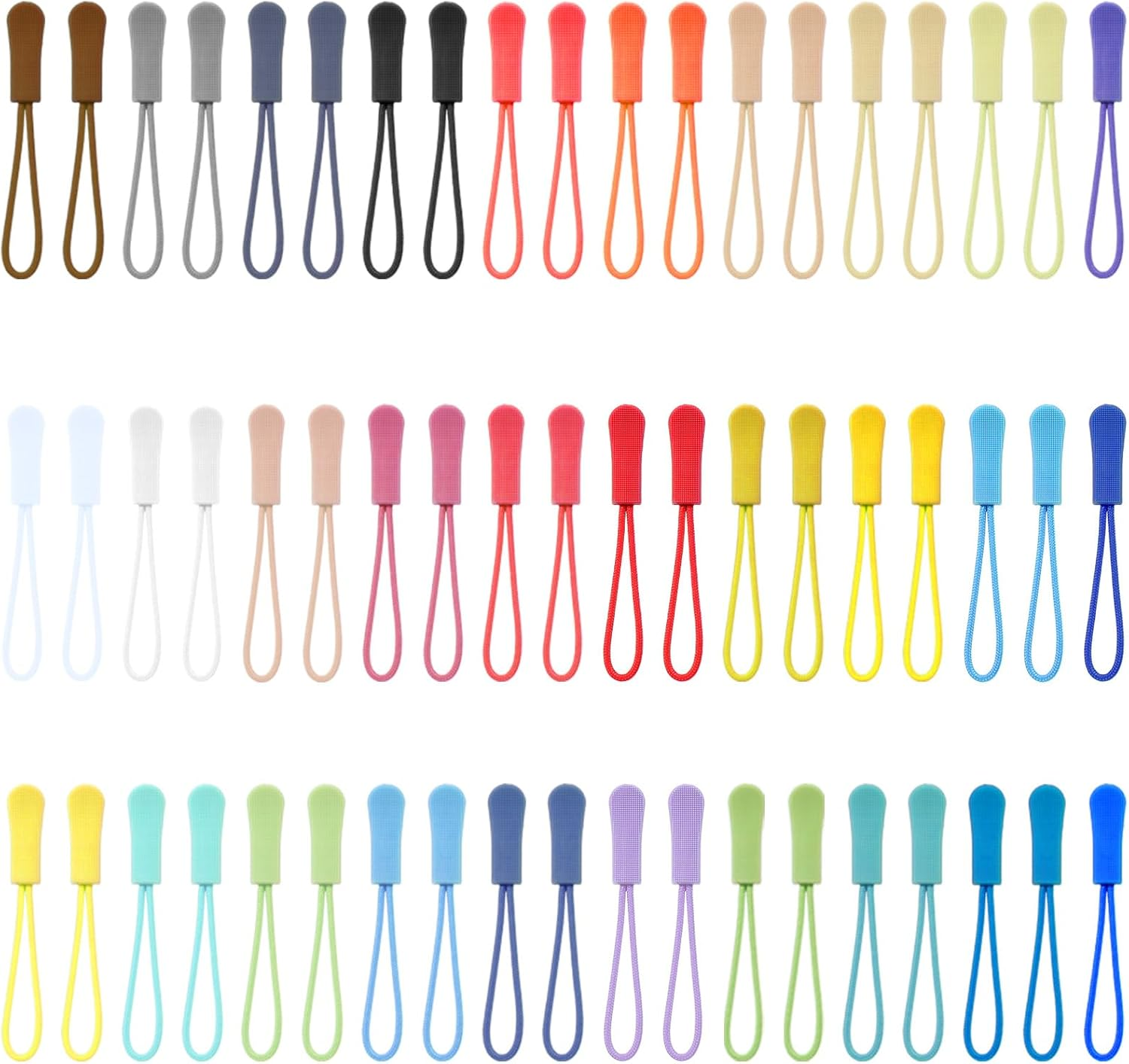 60 Nylon Zipper Pulls in 12 Colors for Clothing, Luggage, and Backpacks