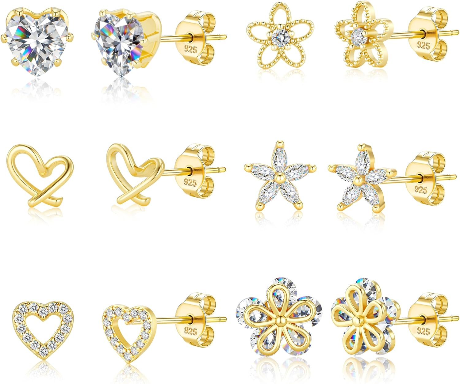 ALEXCRAFT Small Gold Stud Earrings - 6 Pairs Cute Heart Studs for Women - Cubic Zirconia - Hypoallergenic - Pack
