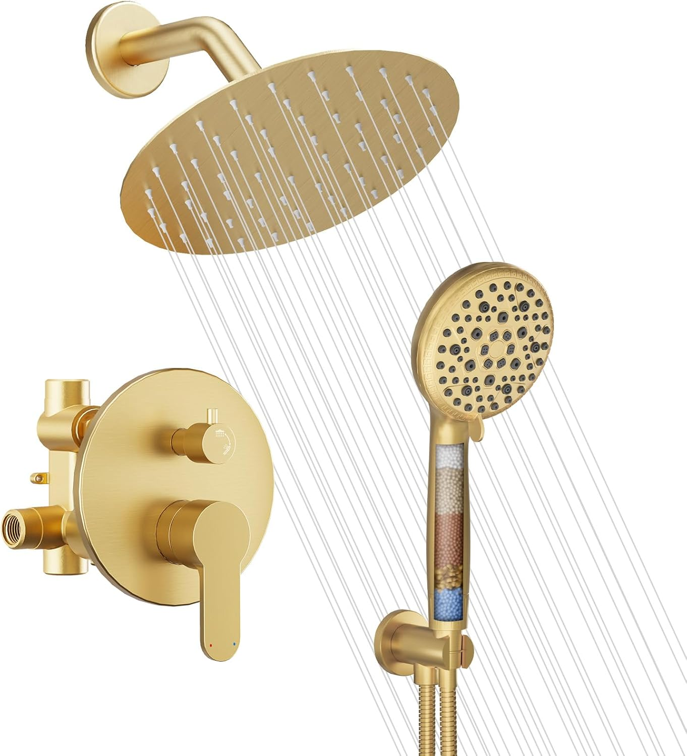 Brushed Gold Shower System, Shower Faucet Set with 8-Inch Rain Shower Head, 8 Spray Mode Handheld Shower Head, Wall Mounted Bathroom Shower Combo Set, Rough-In Valve Body and Trim Included