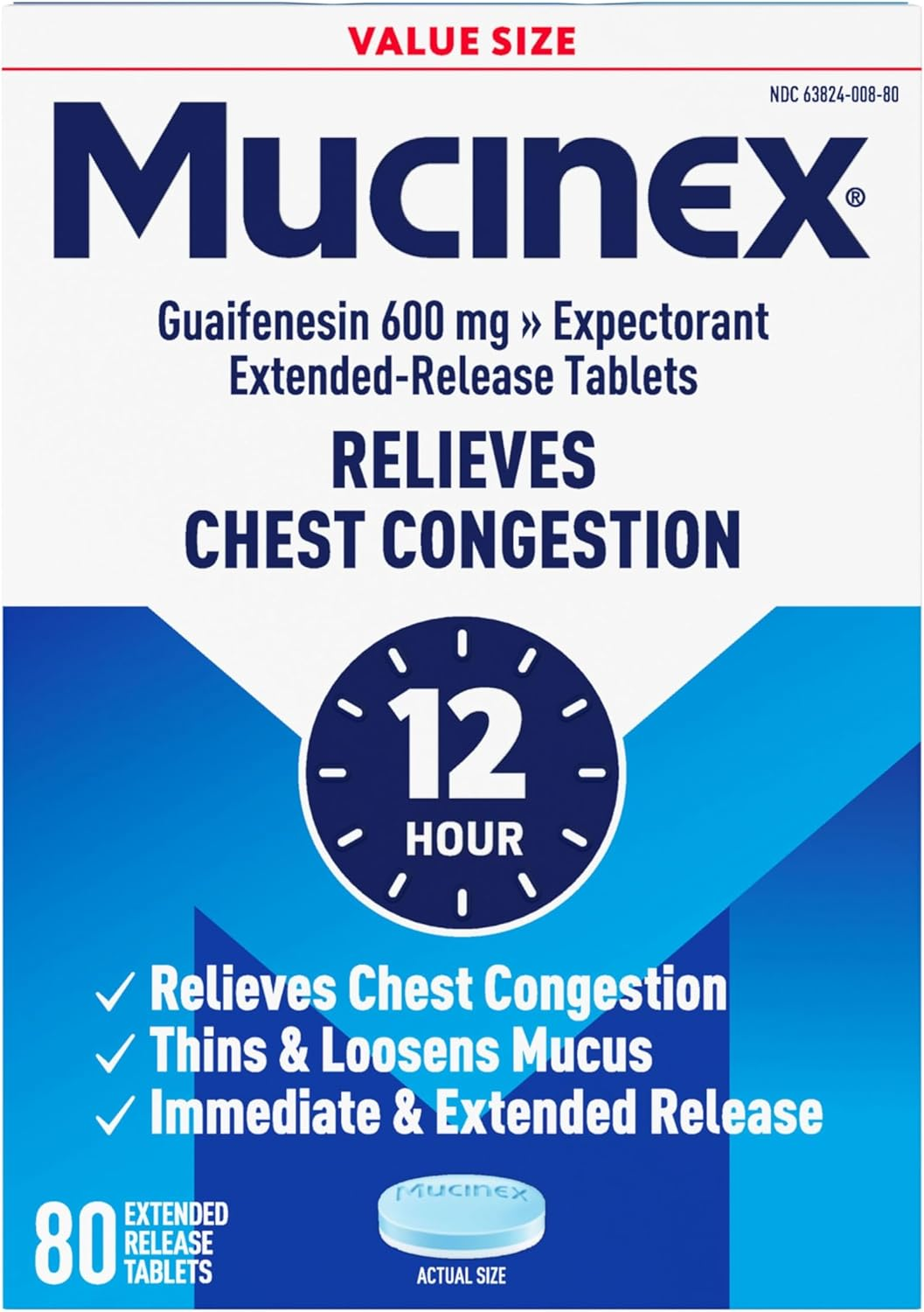 12 Hour 600 Mg Guaifenesin Extended-Release Tablets for Excess Mucus Relief, Expectorant Aids Excess Mucus Removal, Chest Congestion Relief, 80 Bi-Layer Tablets