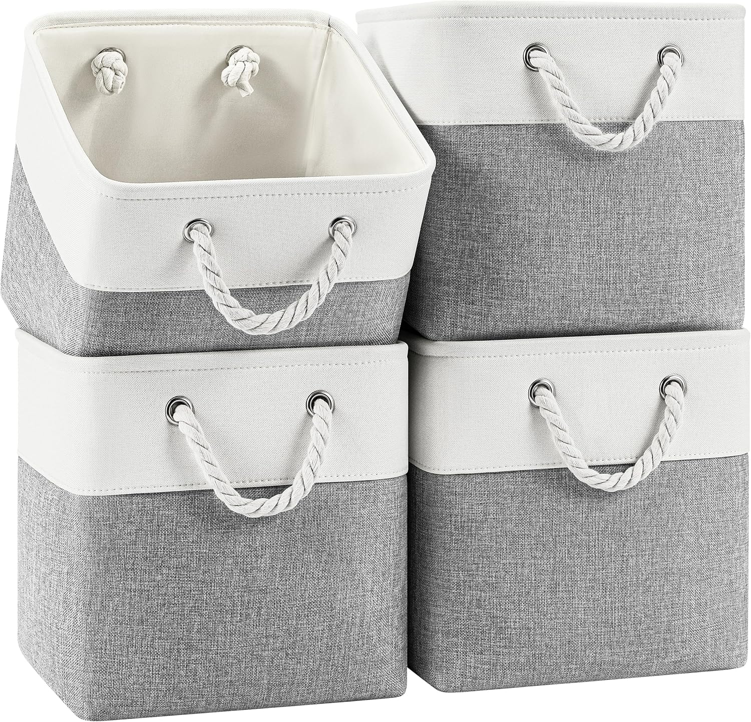 11 Inch Cube Storage Bins, 4 Pack Fabric Storage Cubes with Rope Handles, Organizer Baskets for Closet Shelves, Clothes and Home Organization(White/Gray)