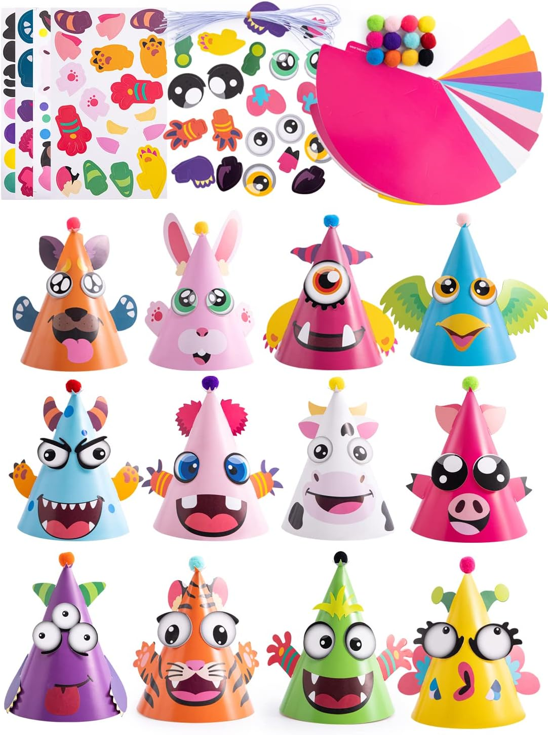 12 Sets Party Hats for Kids Birthday Party Games Craft Activities, Cute Animal Theme Birthday Hats Activity Kits with Stickers for Kids Holiday Theme Party Favors Easter Decoration