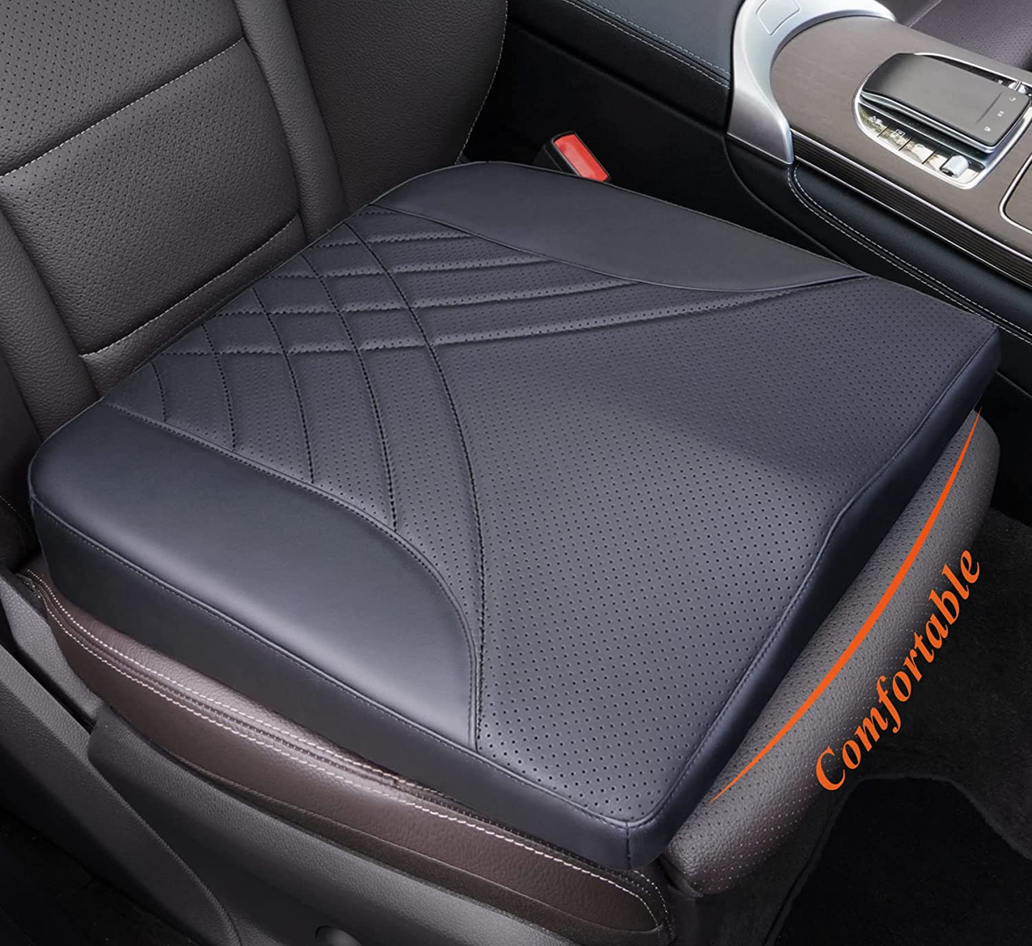 Kingphenix Premium Car Seat Cushion, Memory Foam Driver Seat Cushion to Improve Driving View- Coccyx & Lower Back Pain Relief - Seat Cushion for Car, Truck, Office Chair (Leather Black)